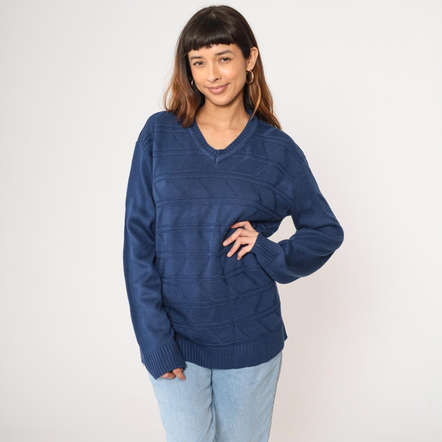 80s Dark Blue Geometric Knit V-Neck Pullover Sweater Tricot Medium M