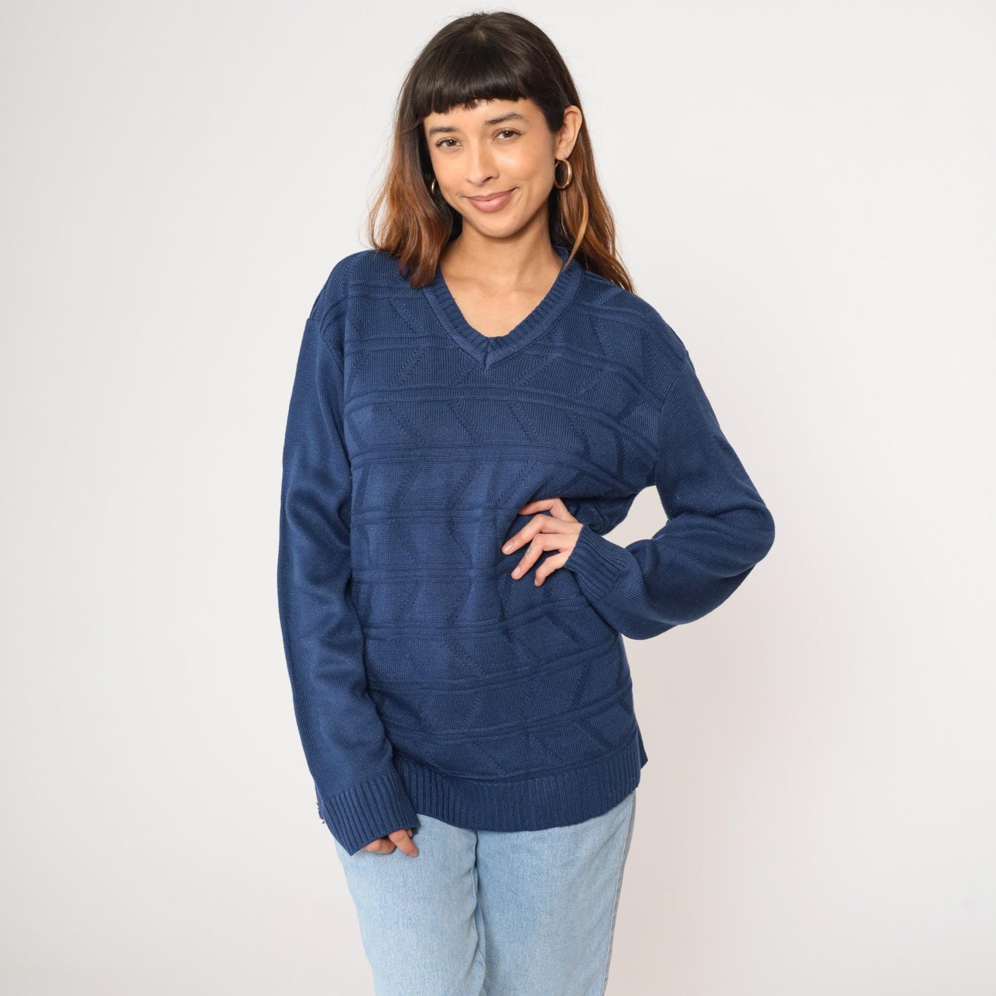 80s Dark Blue Geometric Knit V-Neck Pullover Sweater Tricot Medium M