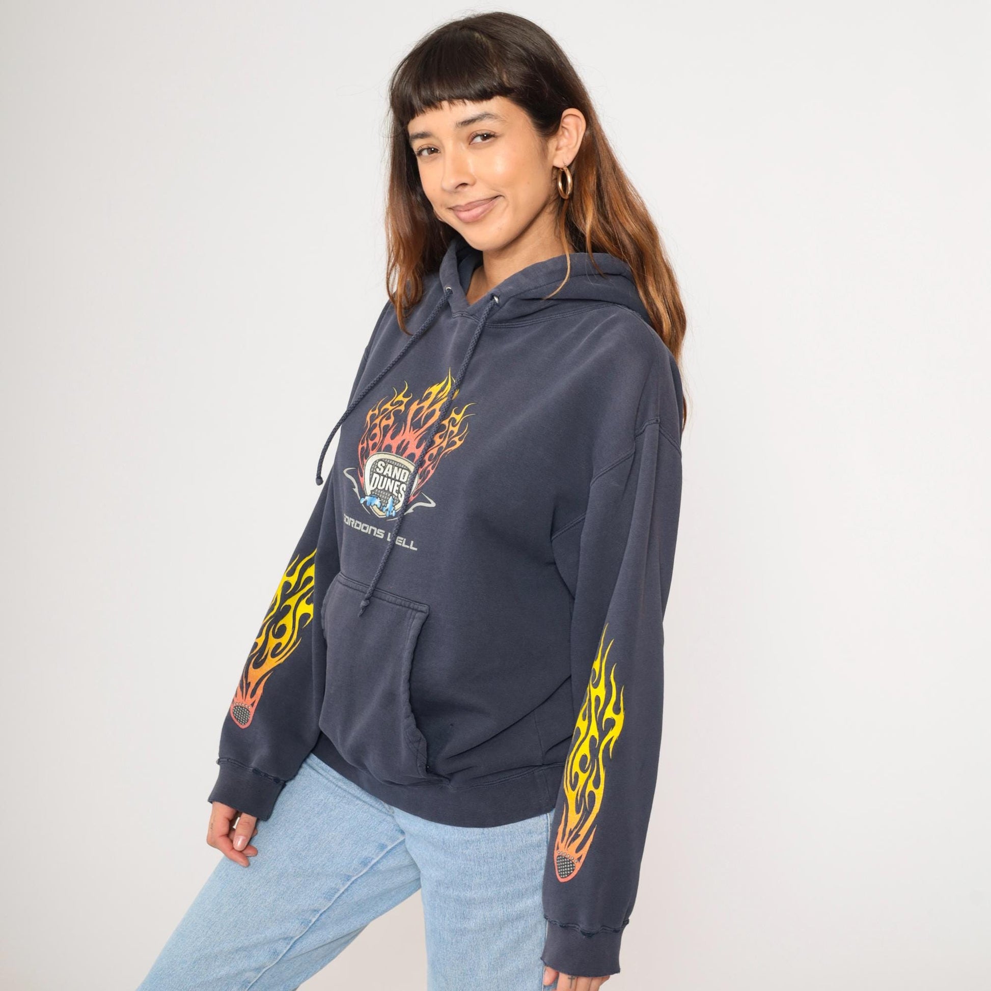 Y2K Gordons Well Sand Dunes Hoodie Navy Flame Graphic Pullover Small S