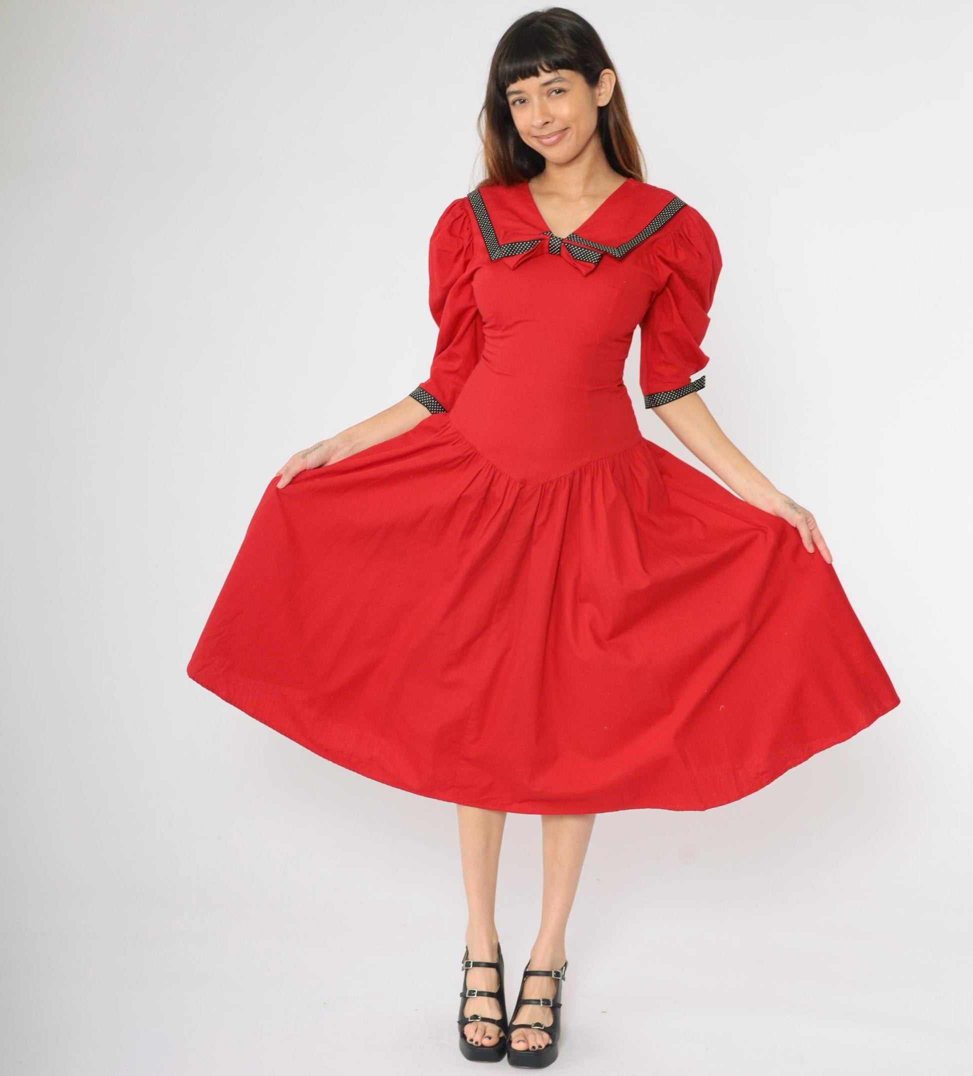 80s Red Nautical Sailor Collar Puff Sleeve Midi Dress Polka Dot Bow Small