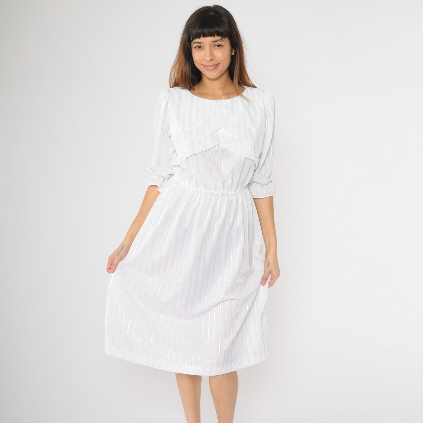 80s White Striped Midi Dress Puff Sleeve High Waist Semi-Sheer Medium M
