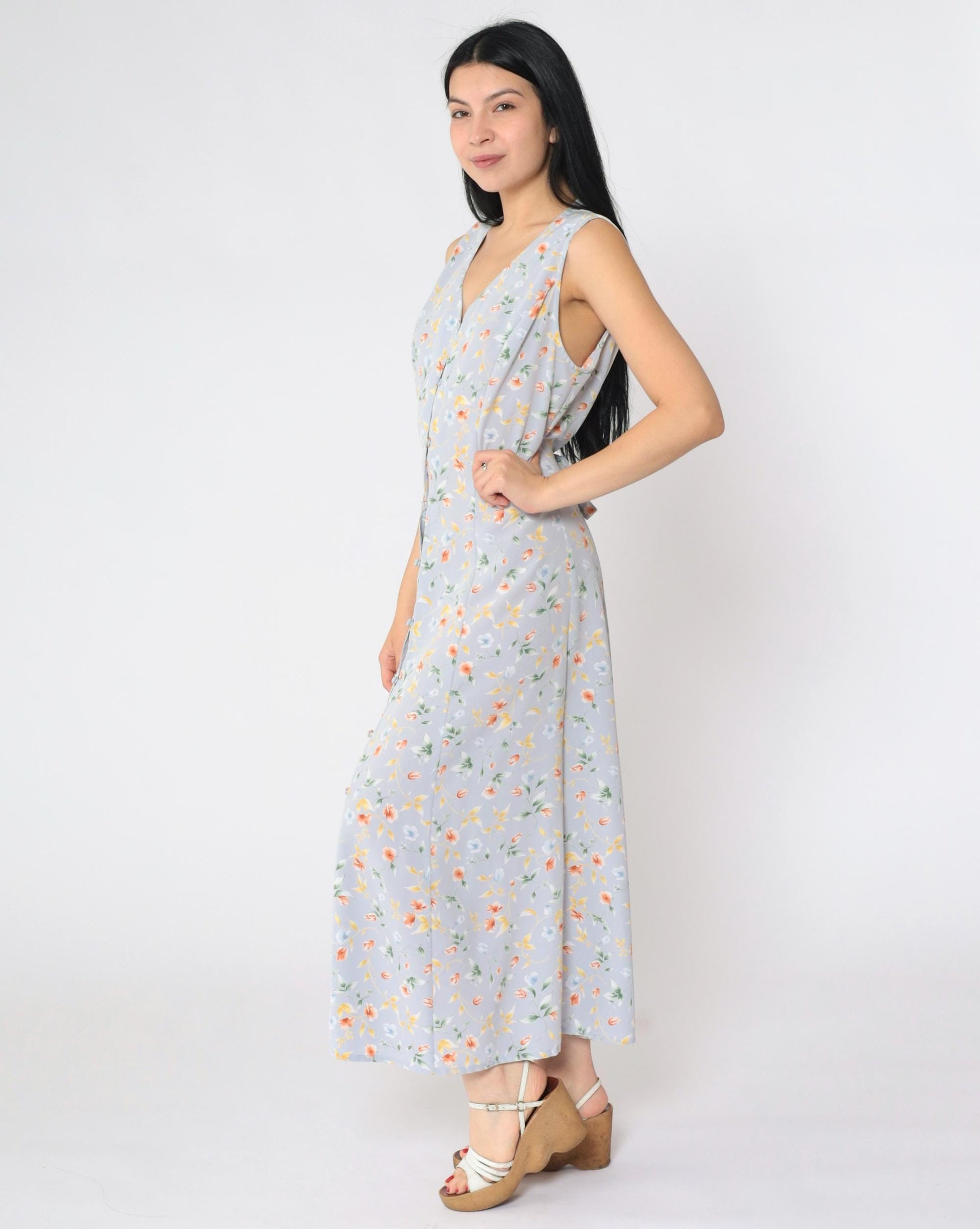 90s Grey-Blue Floral Maxi Dress Button-Up V-Neck Ankle Length Medium