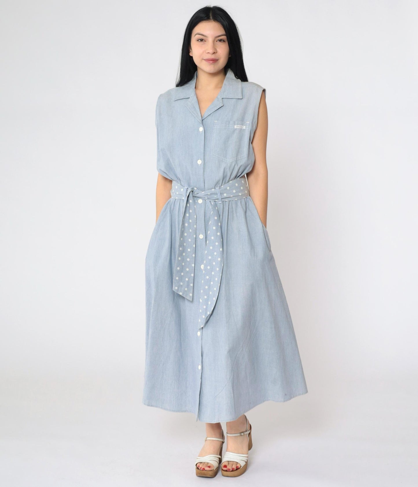 80s Blue Chambray Sleeveless Shirt Dress Polka Dot Sash Pockets Medium