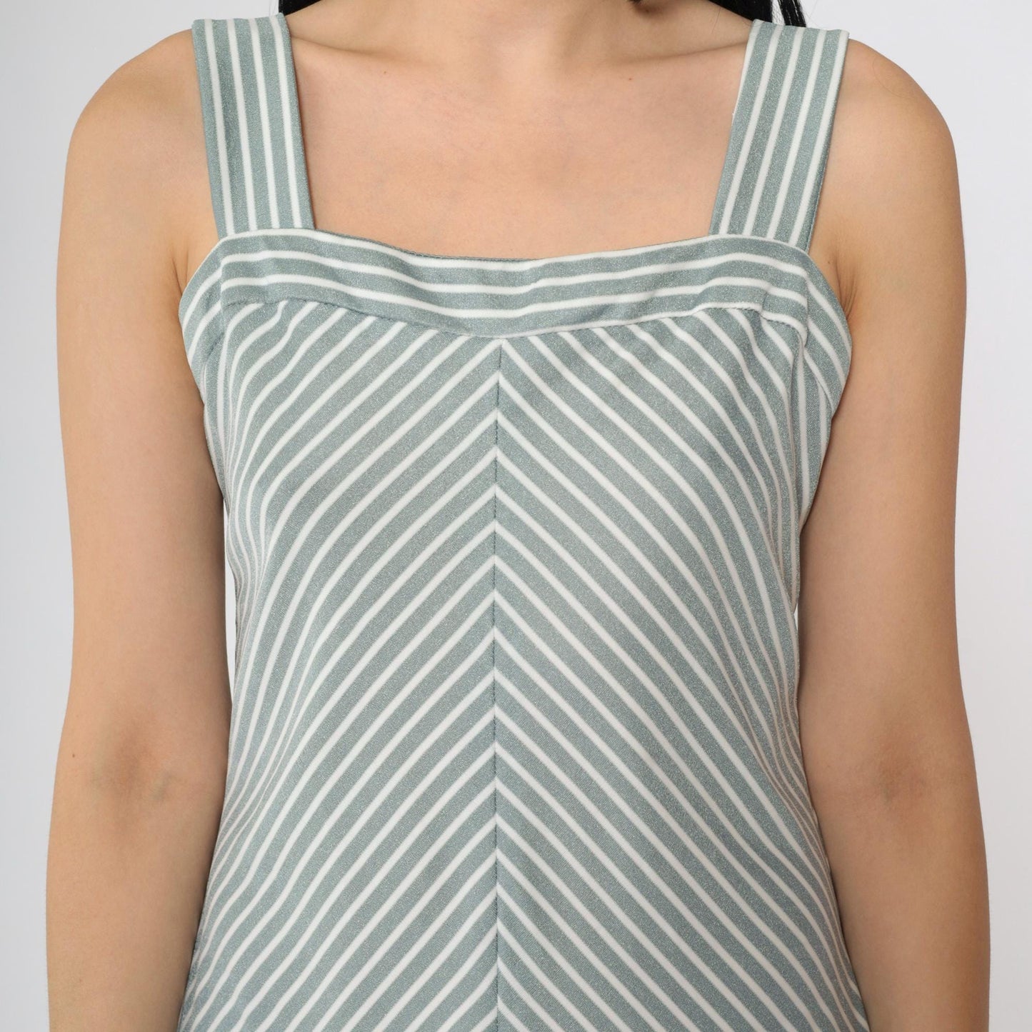 70s Chevron Striped Sundress Silver White Knee-Length Tank Small