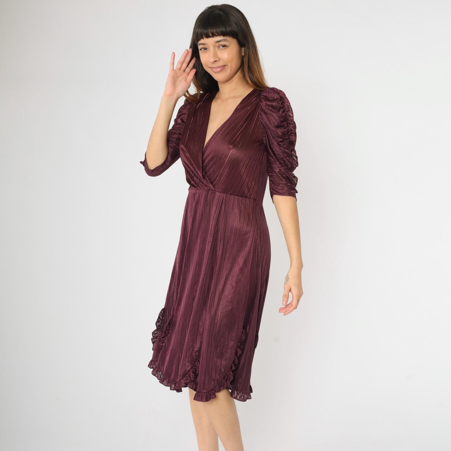 80s Plum Midi Dress Puff Sleeve Faux Wrap V-Neck Sheer Striped Medium M