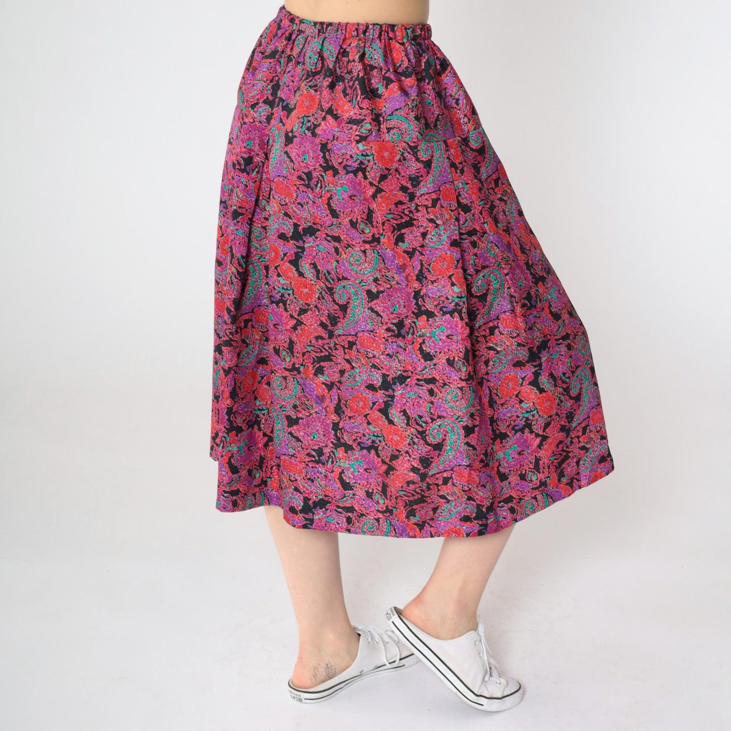 80s Paisley Floral Jacquard A-Line Midi Skirt Red Purple Elastic Waist Small Medium