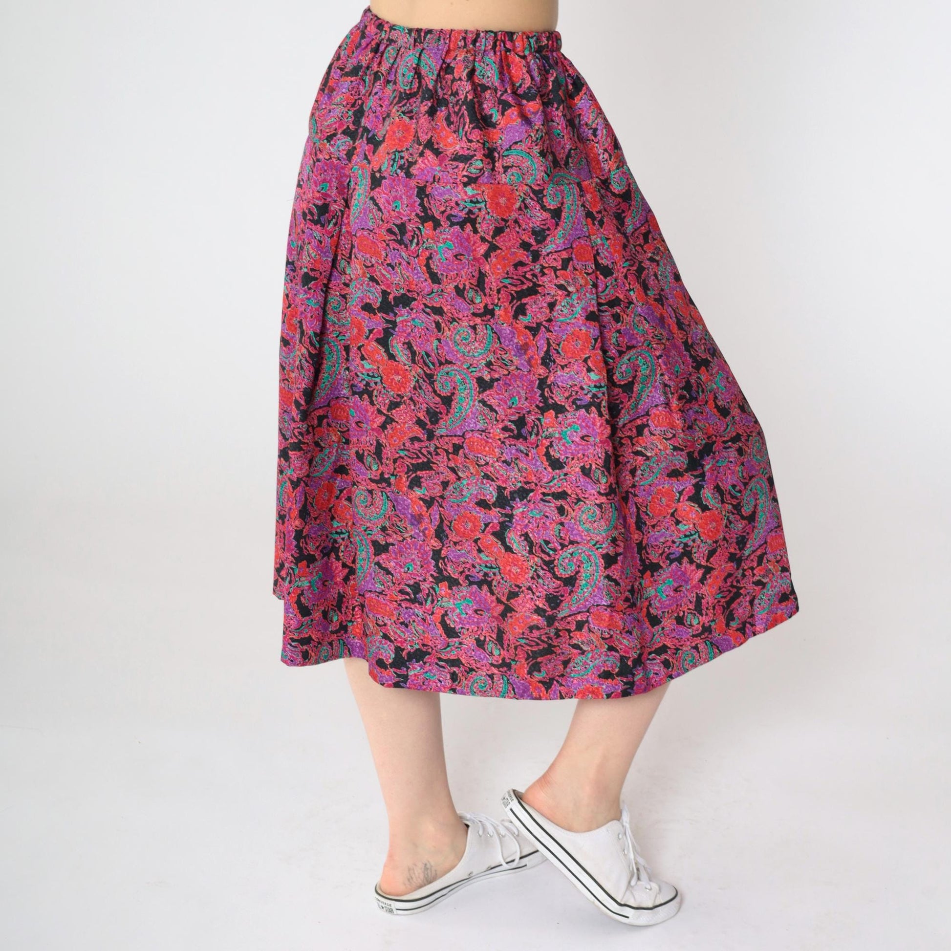 80s Paisley Floral Jacquard A-Line Midi Skirt Red Purple Elastic Waist Small Medium