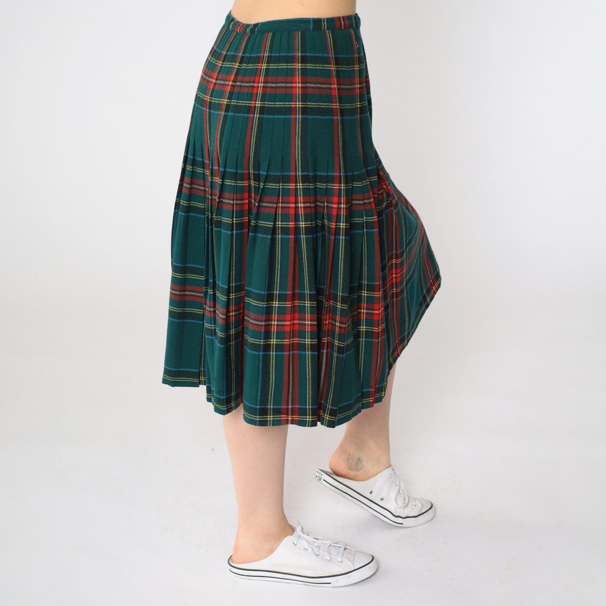 70s Green Plaid Wool Midi Skirt High Waisted Pleated Small S