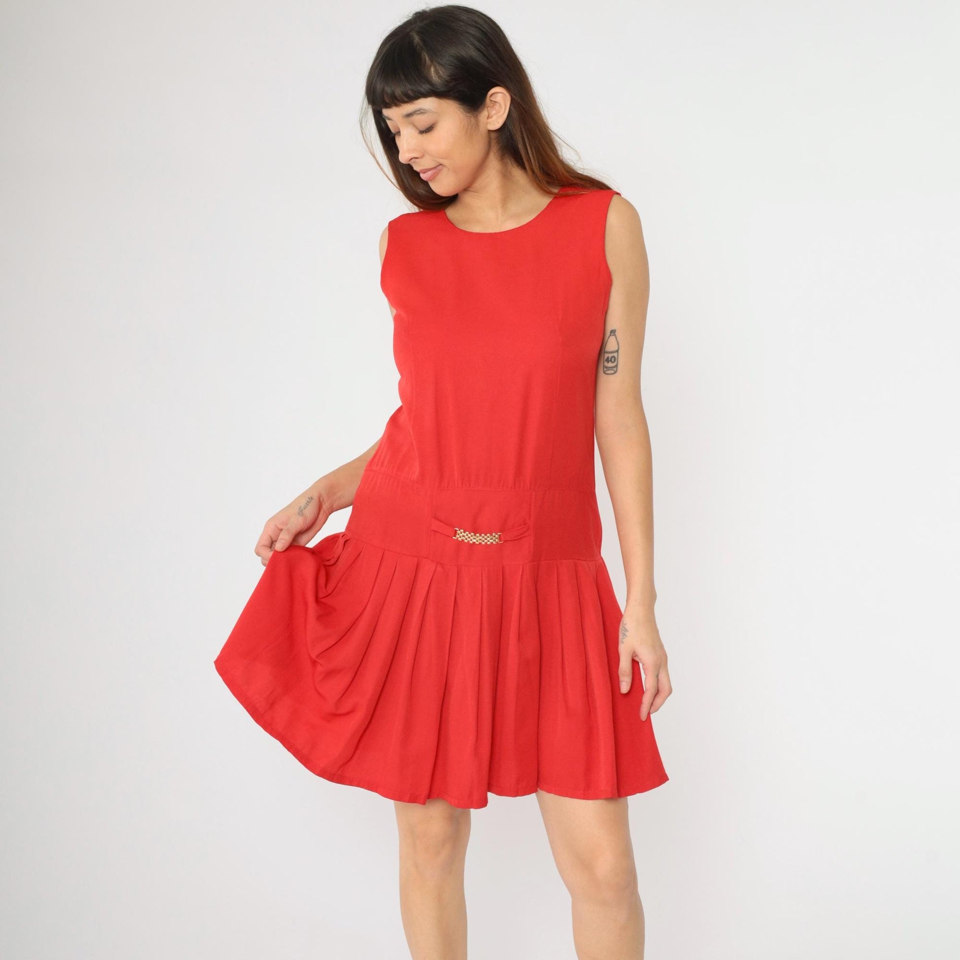90s Red Mod Shift Dress Drop Waist Pleated Gold Accent Small S
