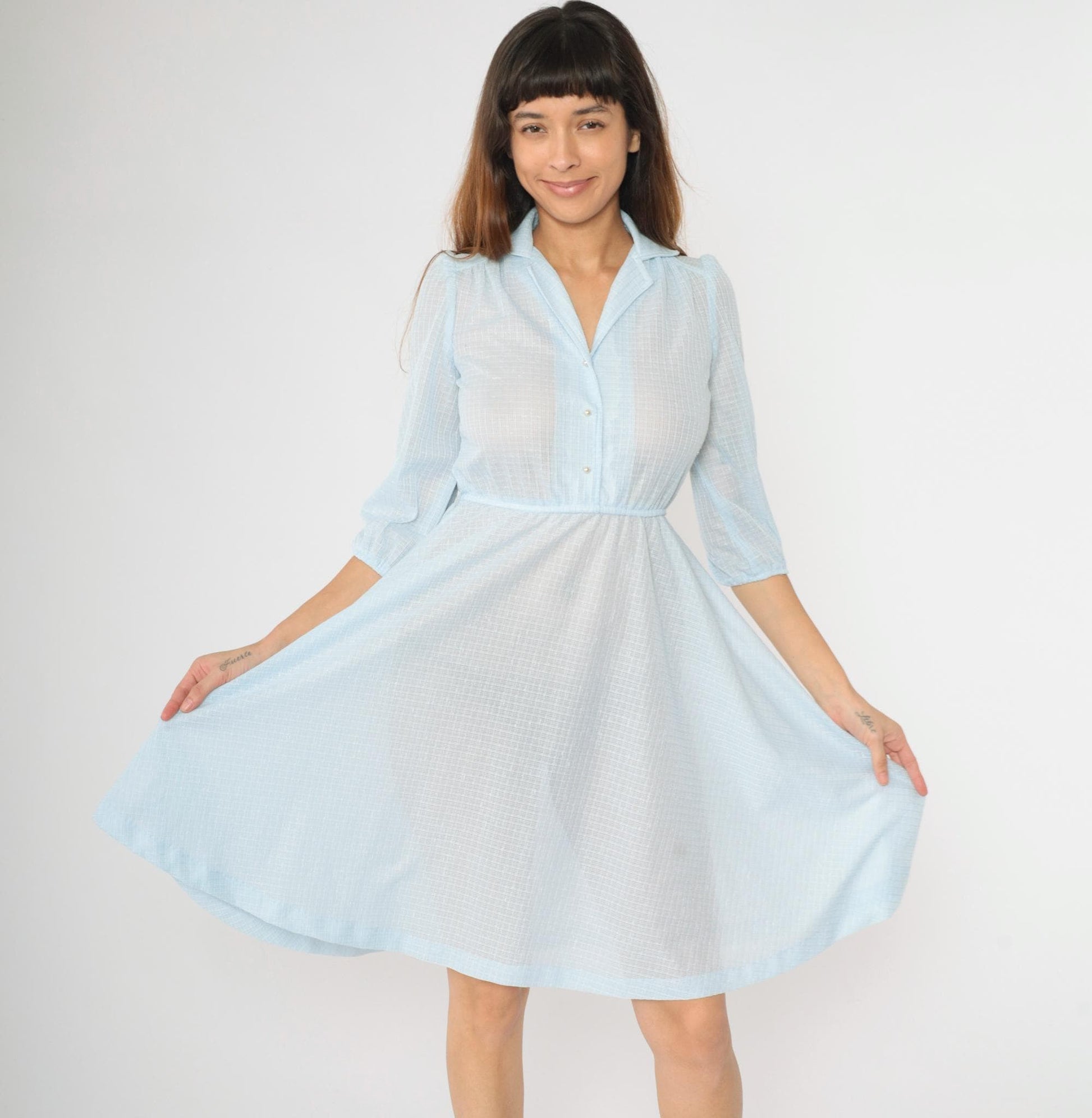 70s Light Blue Sheer Midi Dress Puff Sleeve Button Front Grid Pattern Small