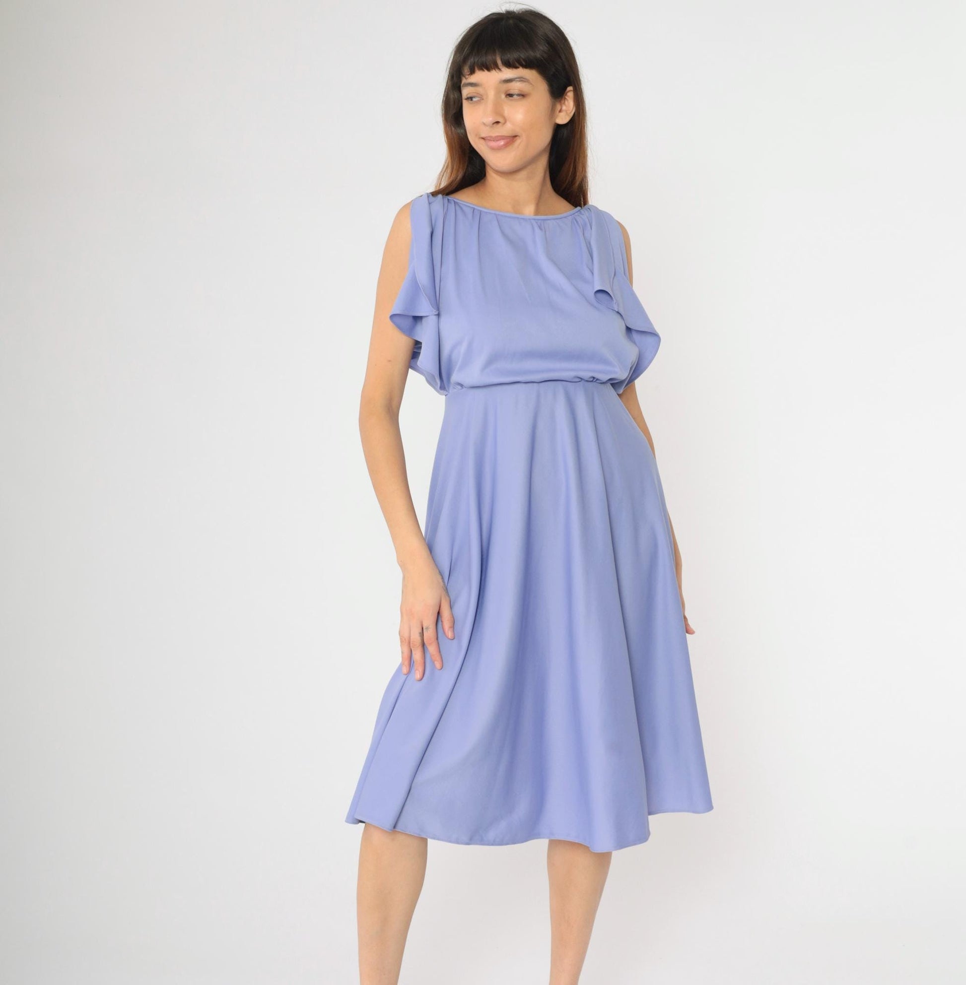 70s Lavender Disco Midi Dress High Elastic Waist Flutter Sleeve Small