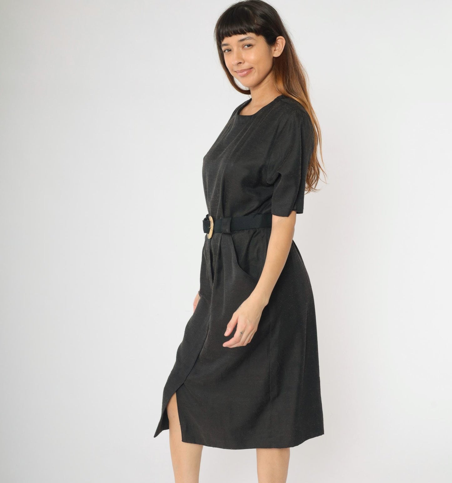80s Black Midi Dress Button Back High Waist Belt Gold Buckle Medium Petite