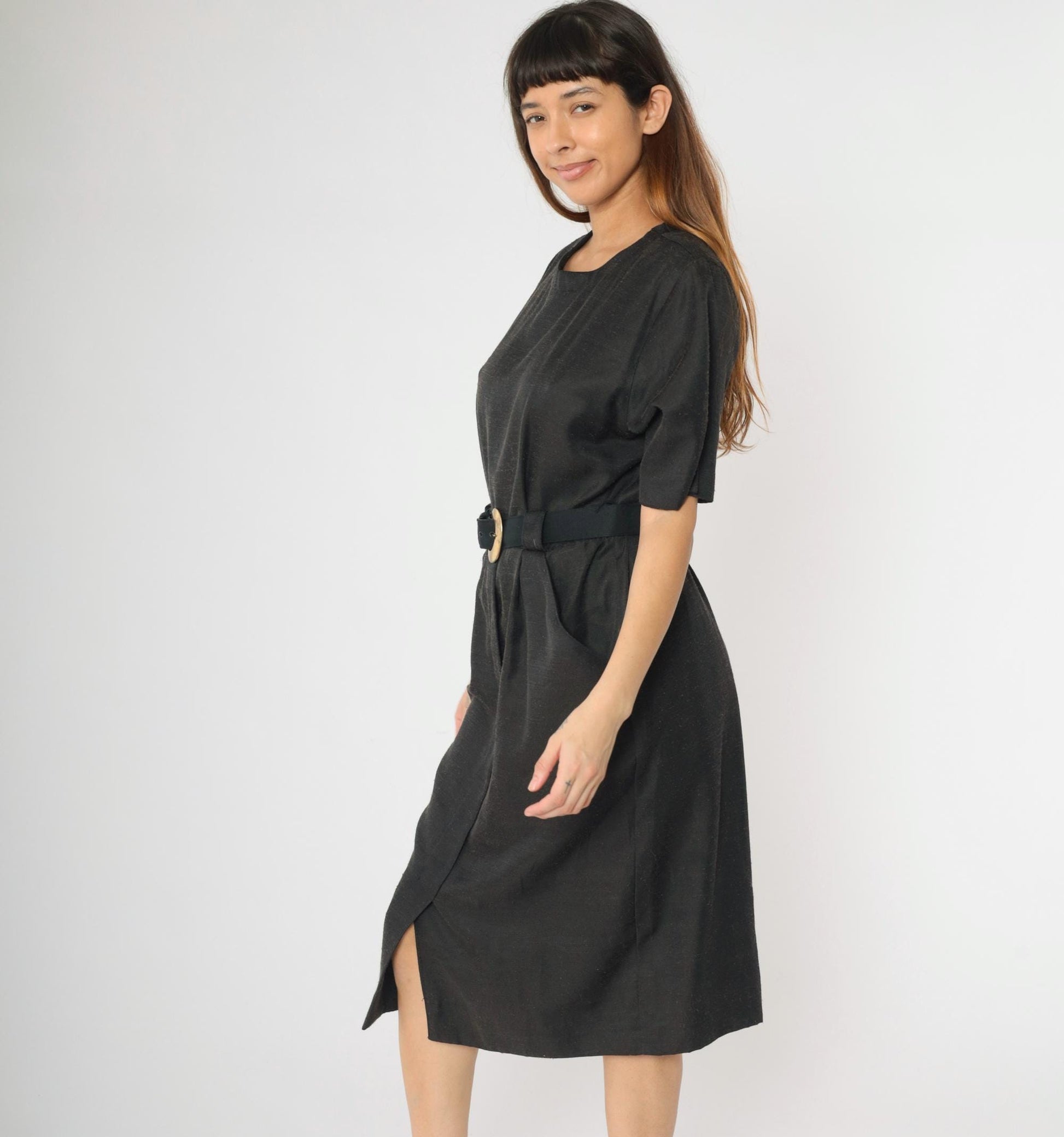 80s Black Midi Dress Button Back High Waist Belt Gold Buckle Medium Petite