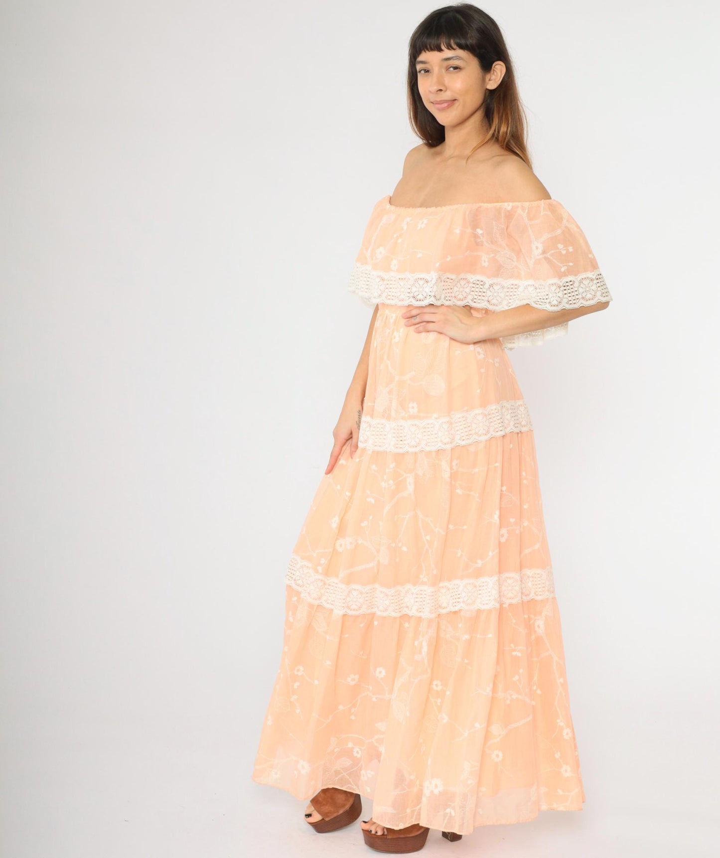 70s Peach Floral Off-Shoulder Maxi Dress Lace Tiered Peasant Small