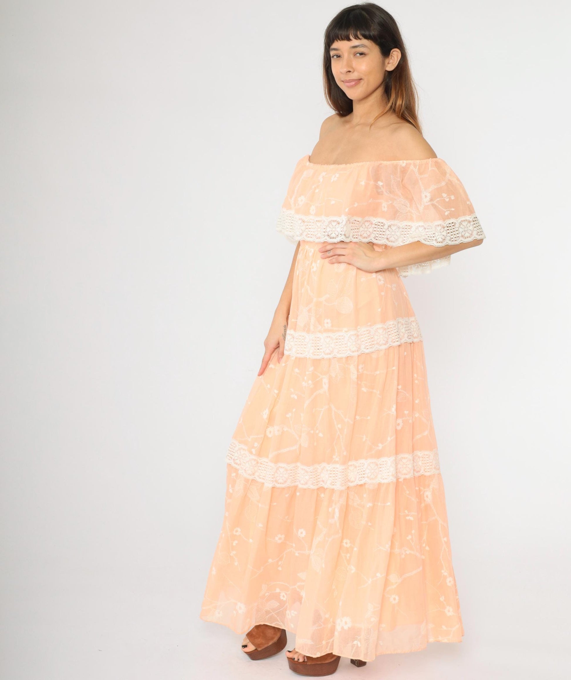70s Peach Floral Off-Shoulder Maxi Dress Lace Tiered Peasant Small