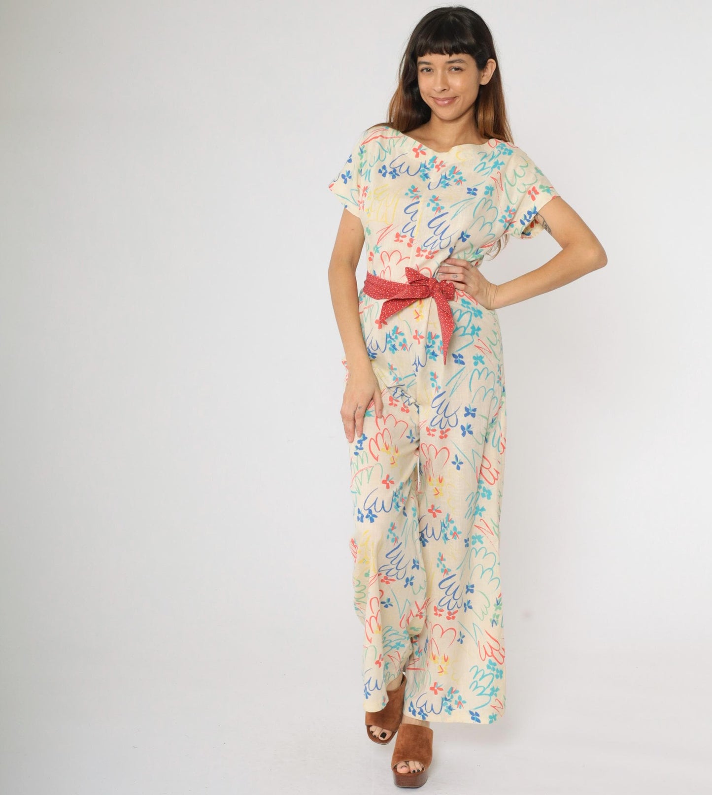 70s Floral Wide Leg Jumpsuit Off-White Short Sleeve Zip Back Small Medium