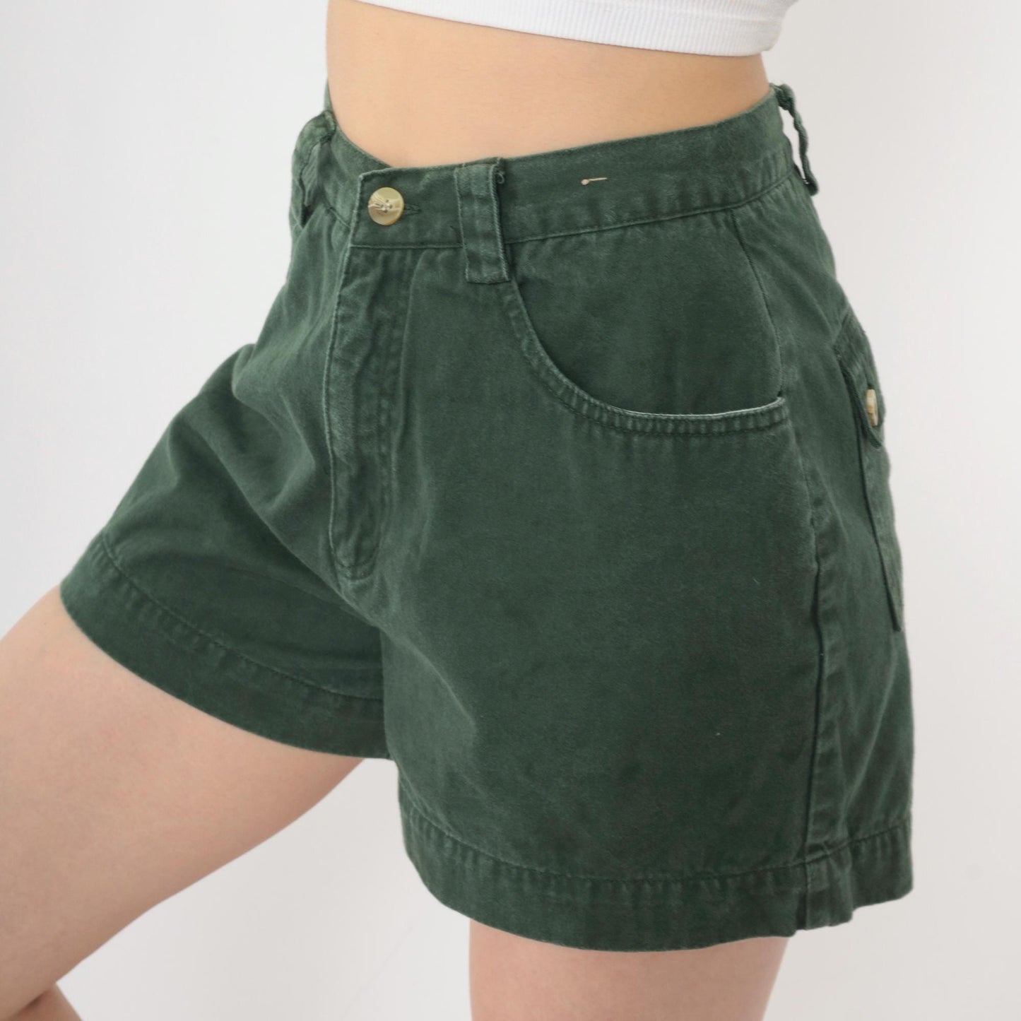 90s Dark Green Cotton Cargo Shorts High Waist Utility Pockets Small 3