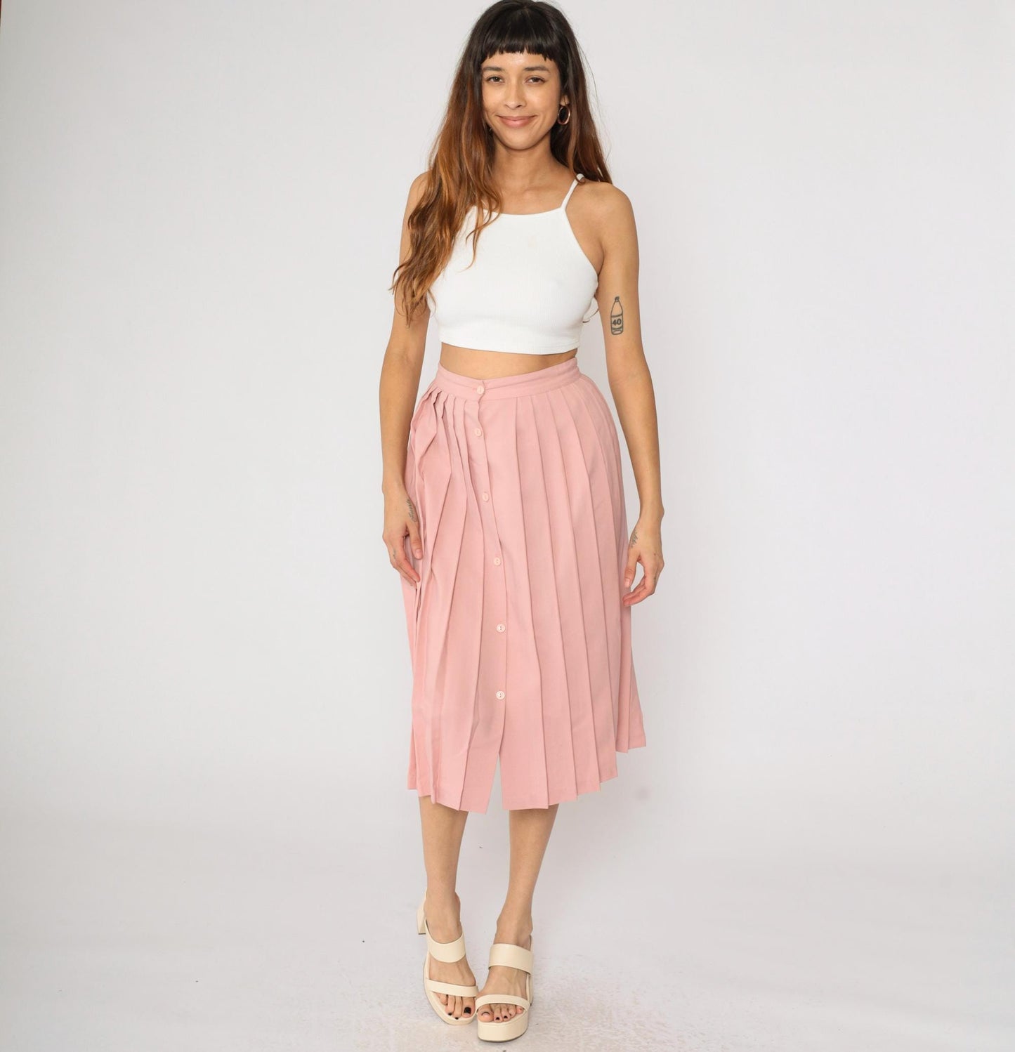 80s Nine to Five Pink Pleated Midi Skirt Button Front High Waist Small