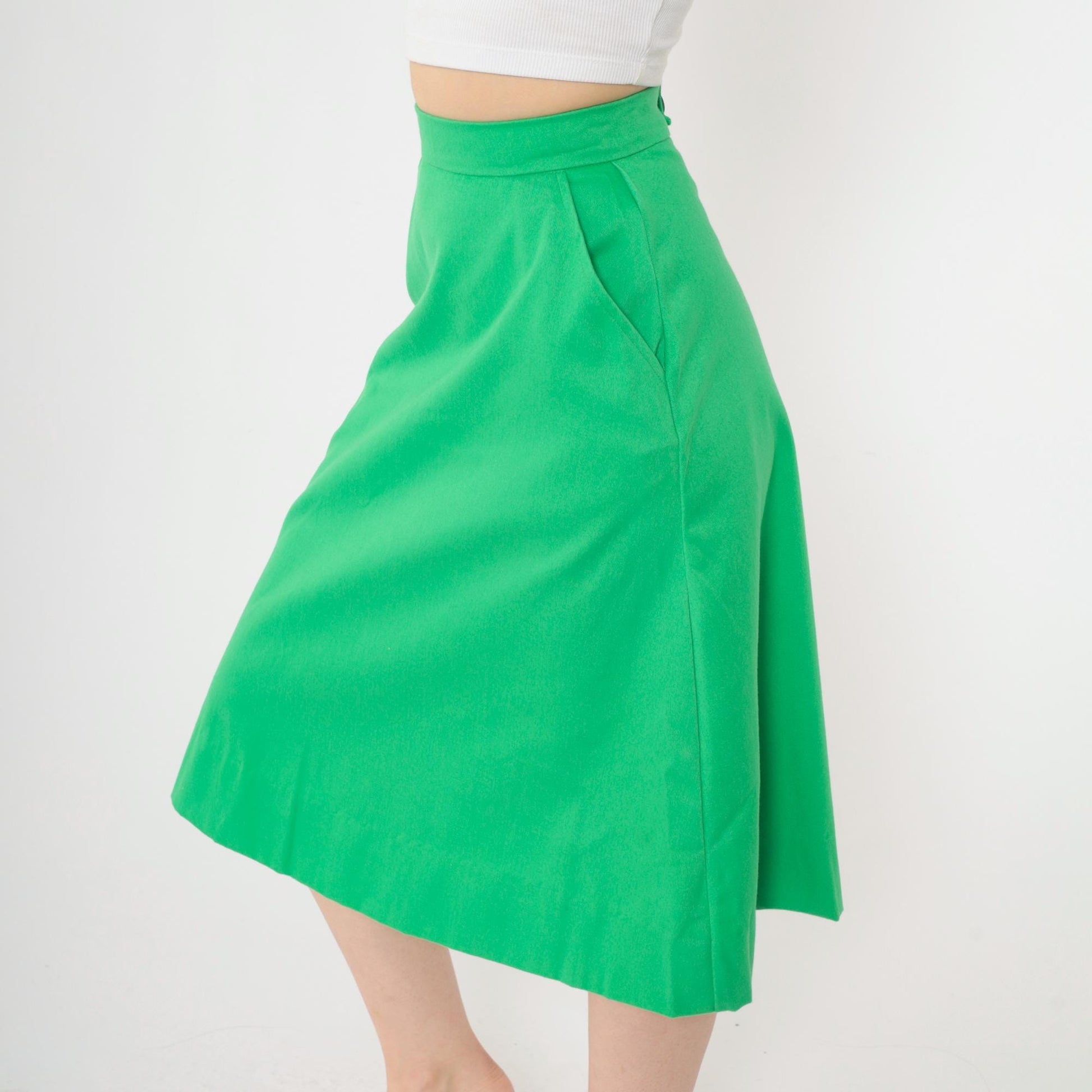 1970s Girl Scouts Midi Skirt Green A-Line High Waist Pockets Extra Small