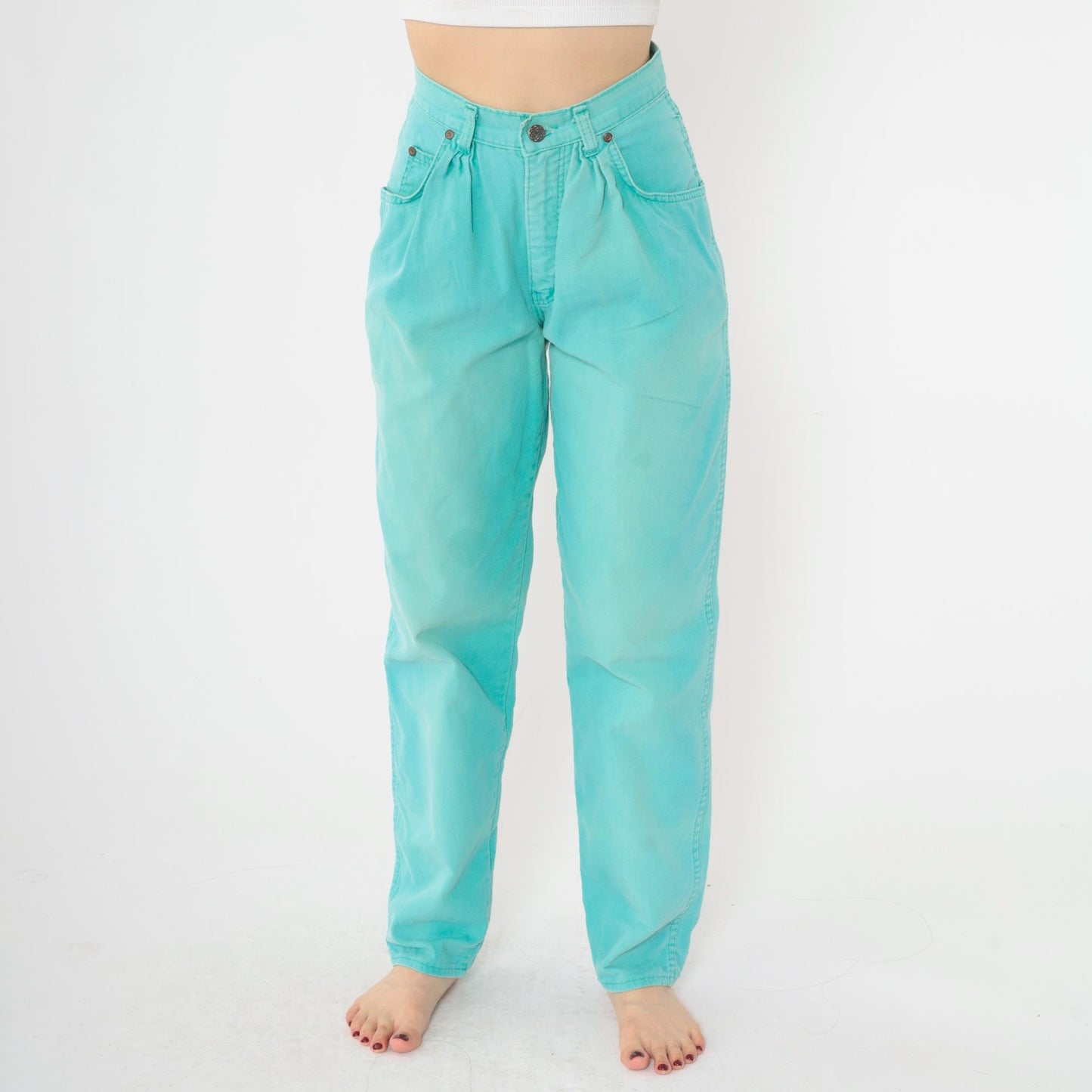 90s Zena Aqua Tapered Trousers High Waist Pleated Straight Leg Extra Small