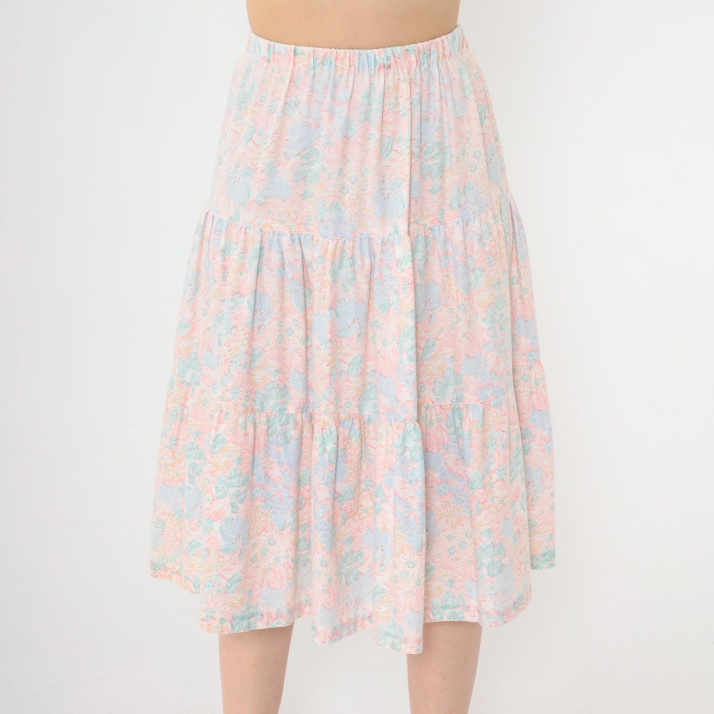 80s Pastel Floral Tiered Midi Skirt High Waist Pink Blue Small