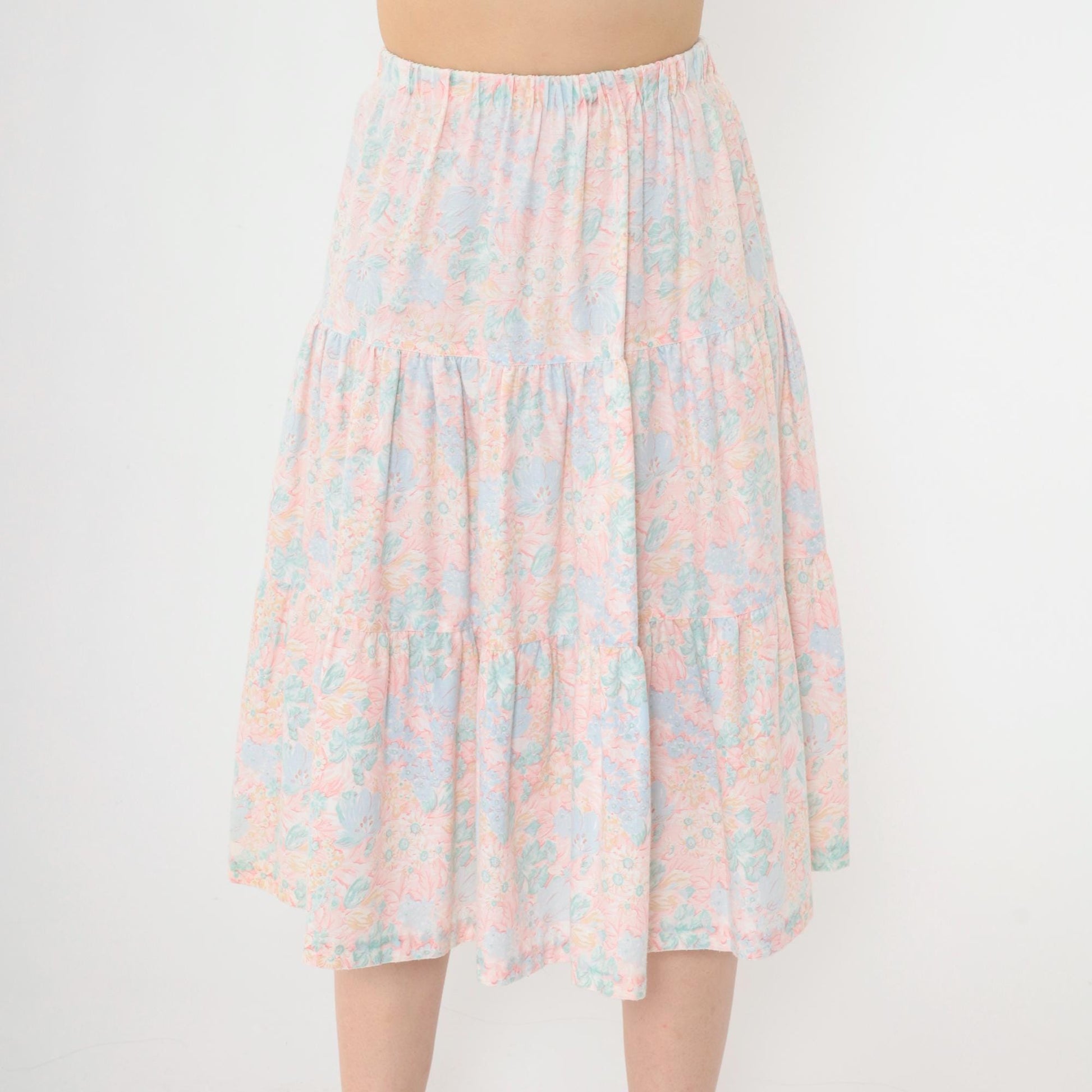 80s Pastel Floral Tiered Midi Skirt High Waist Pink Blue Small