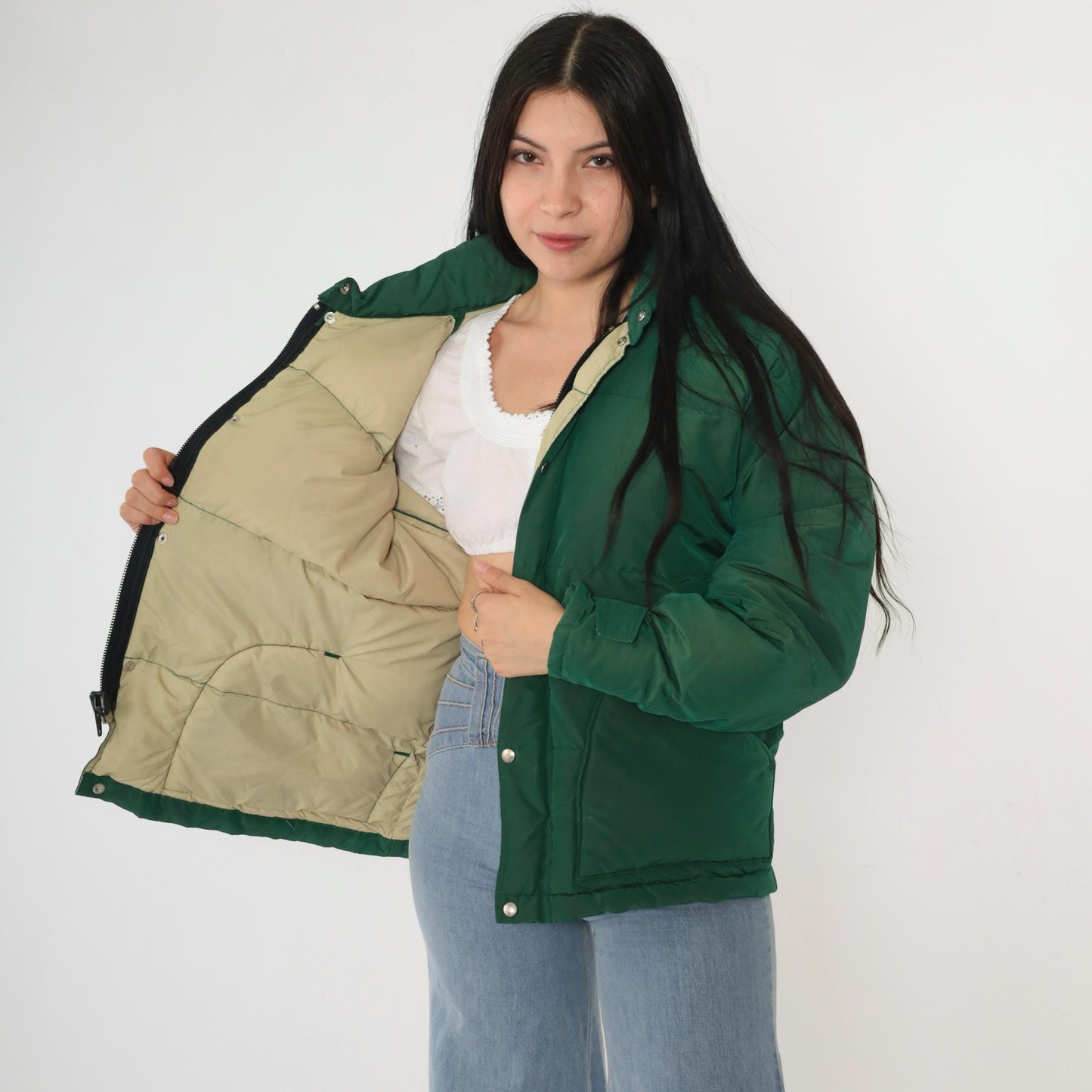 80s Green Down Puffer Jacket Nylon Ski Coat Snap Front Large L