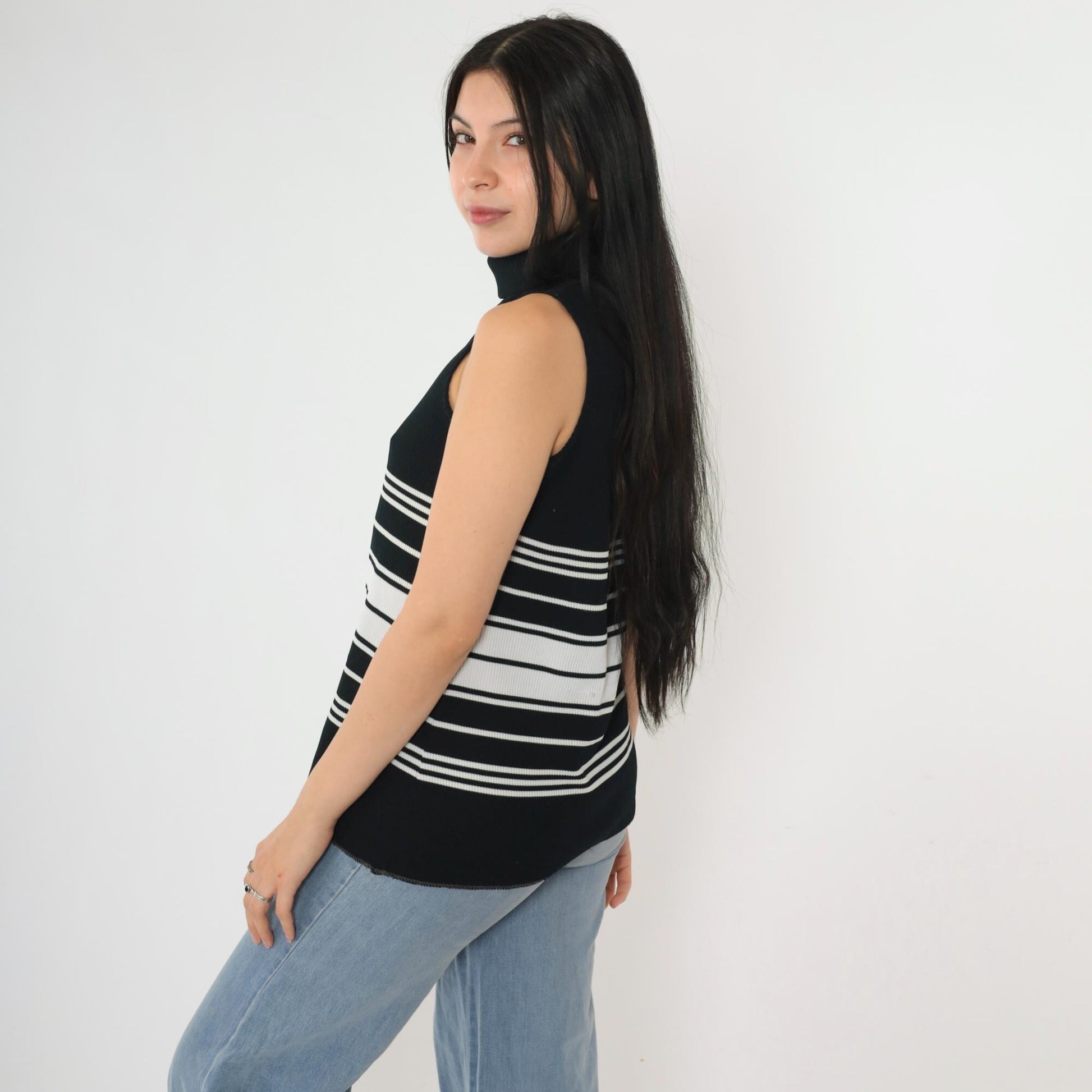 70s Black White Striped Mock Neck Tank Top Zip Back Small S