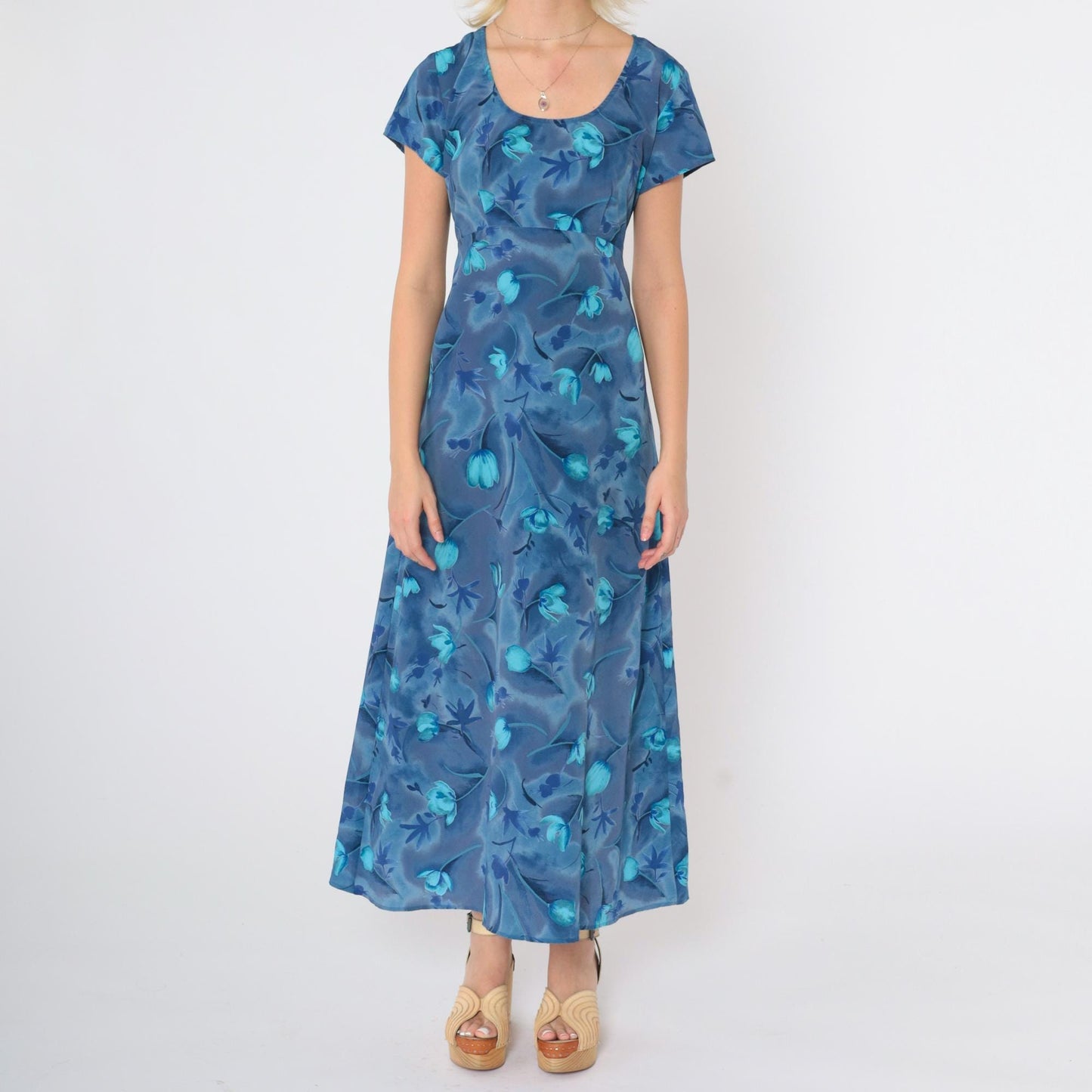 90s All That Jazz Blue Floral Empire Waist Maxi Dress Short Sleeve Medium