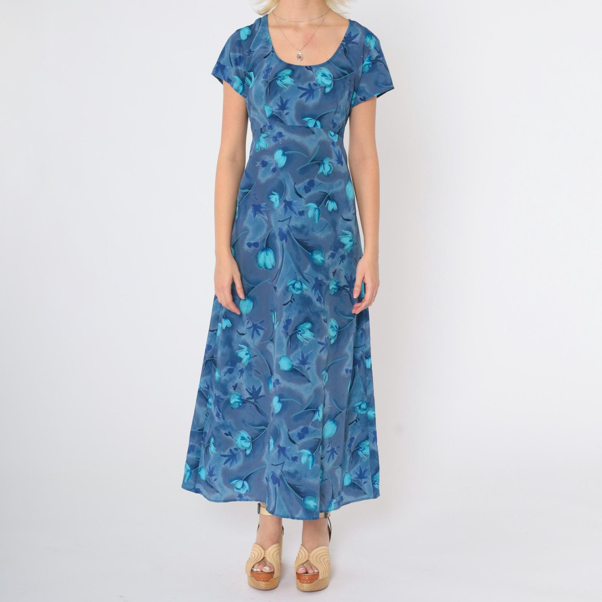 90s All That Jazz Blue Floral Empire Waist Maxi Dress Short Sleeve Medium