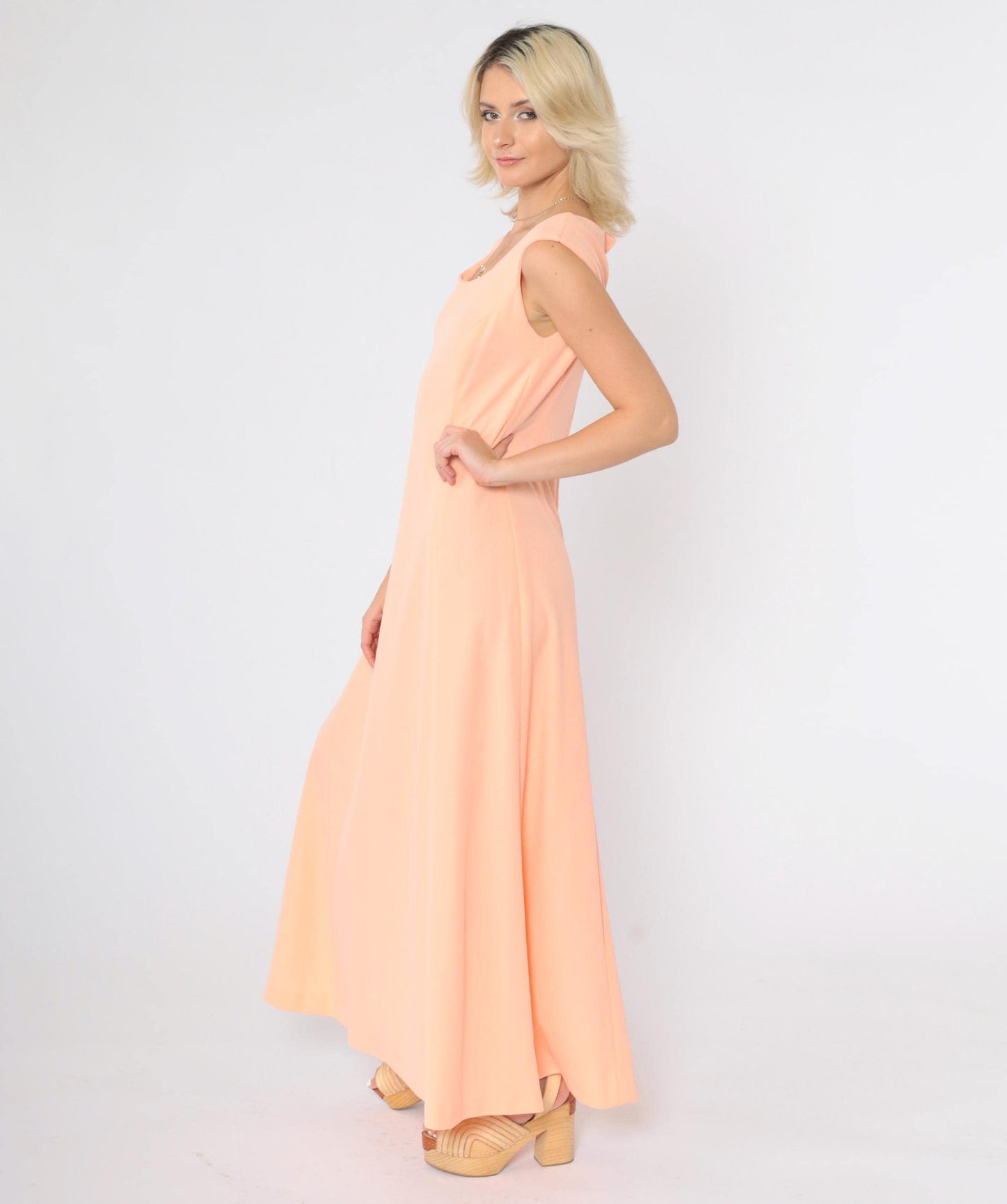 70s Peach Maxi Dress Sleeveless Princess Seam A-Line Disco Gown Small