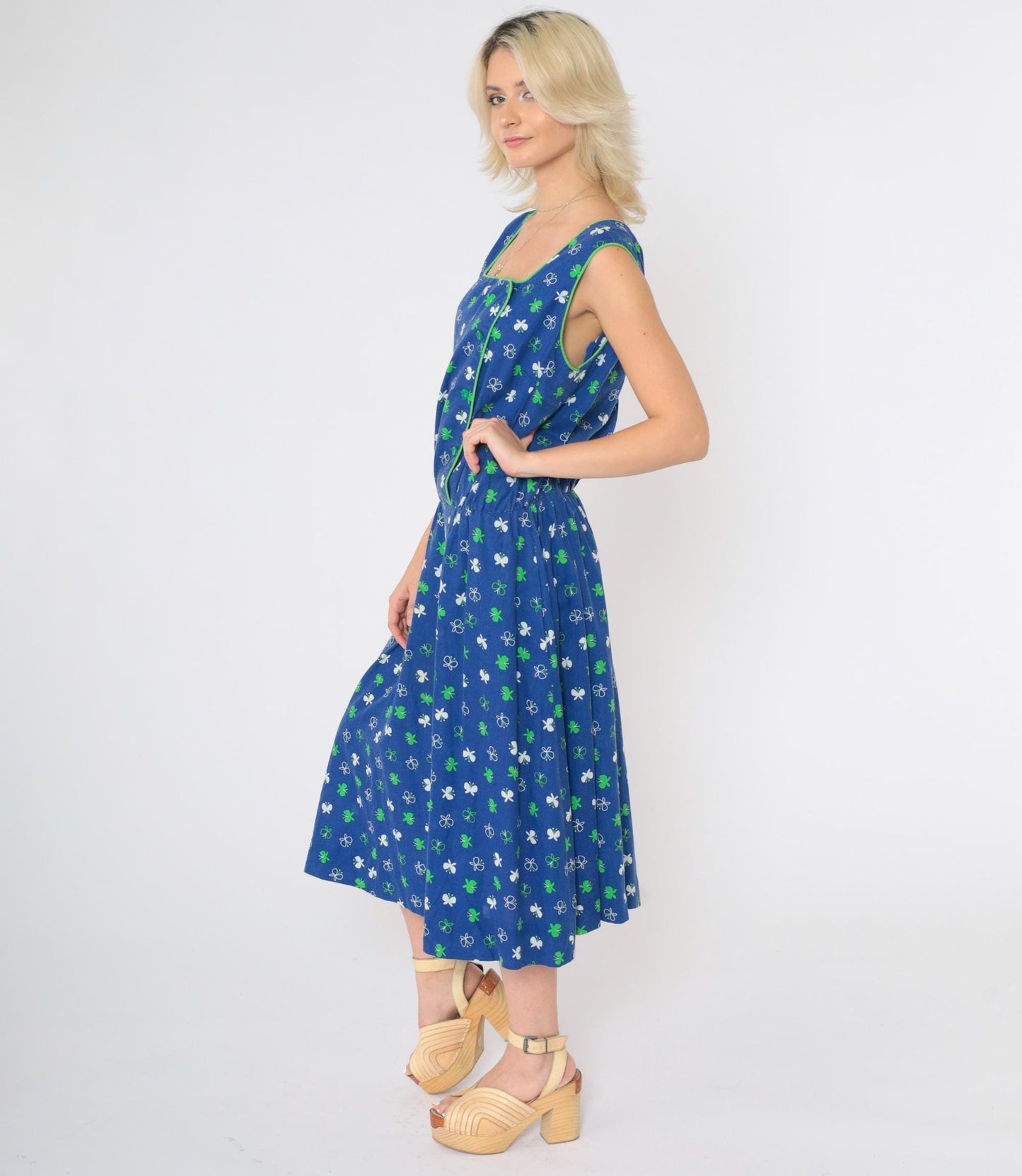 70s Butterfly Print Blue Midi Dress High Elastic Waist Sleeveless Large