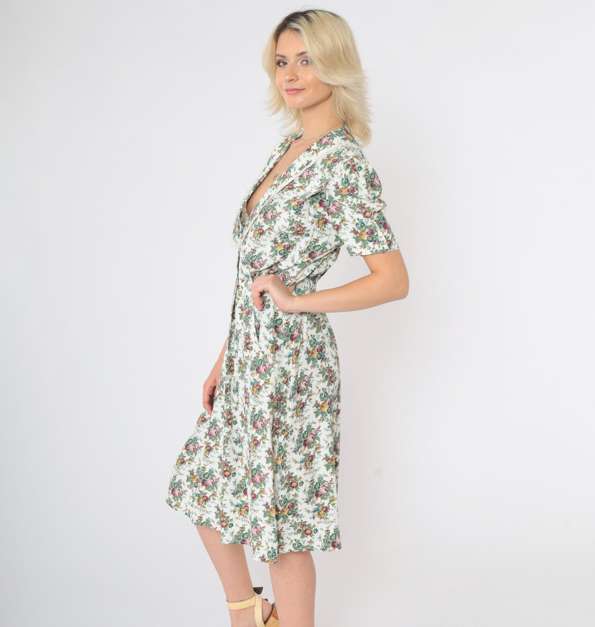 80s S.L. Petites Floral Midi Dress Deep V Puff Sleeve White Multicolor Small