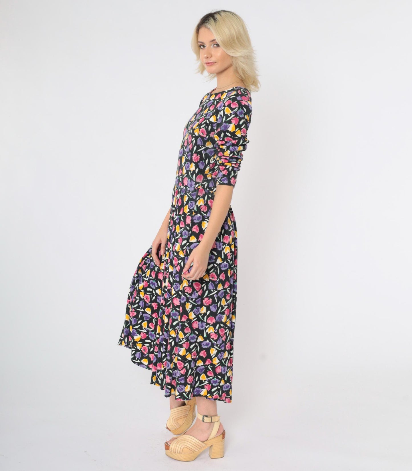 80s Black Floral Drop Waist Midi Dress Pink Yellow Purple 3/4 Sleeve Medium