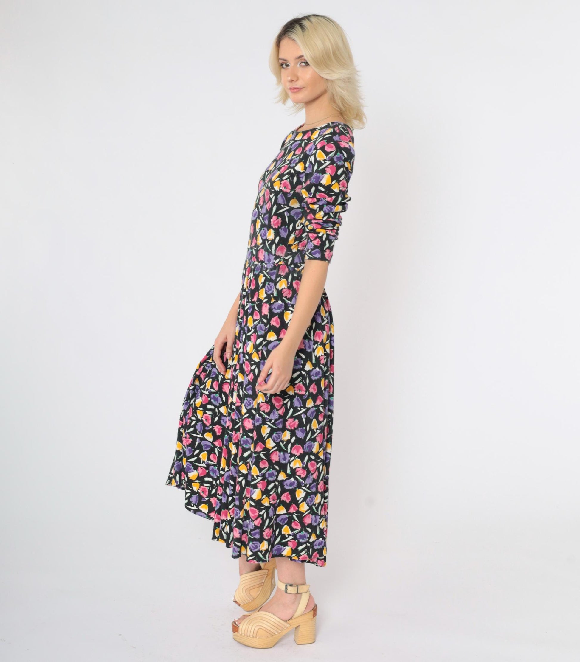 80s Black Floral Drop Waist Midi Dress Pink Yellow Purple 3/4 Sleeve Medium