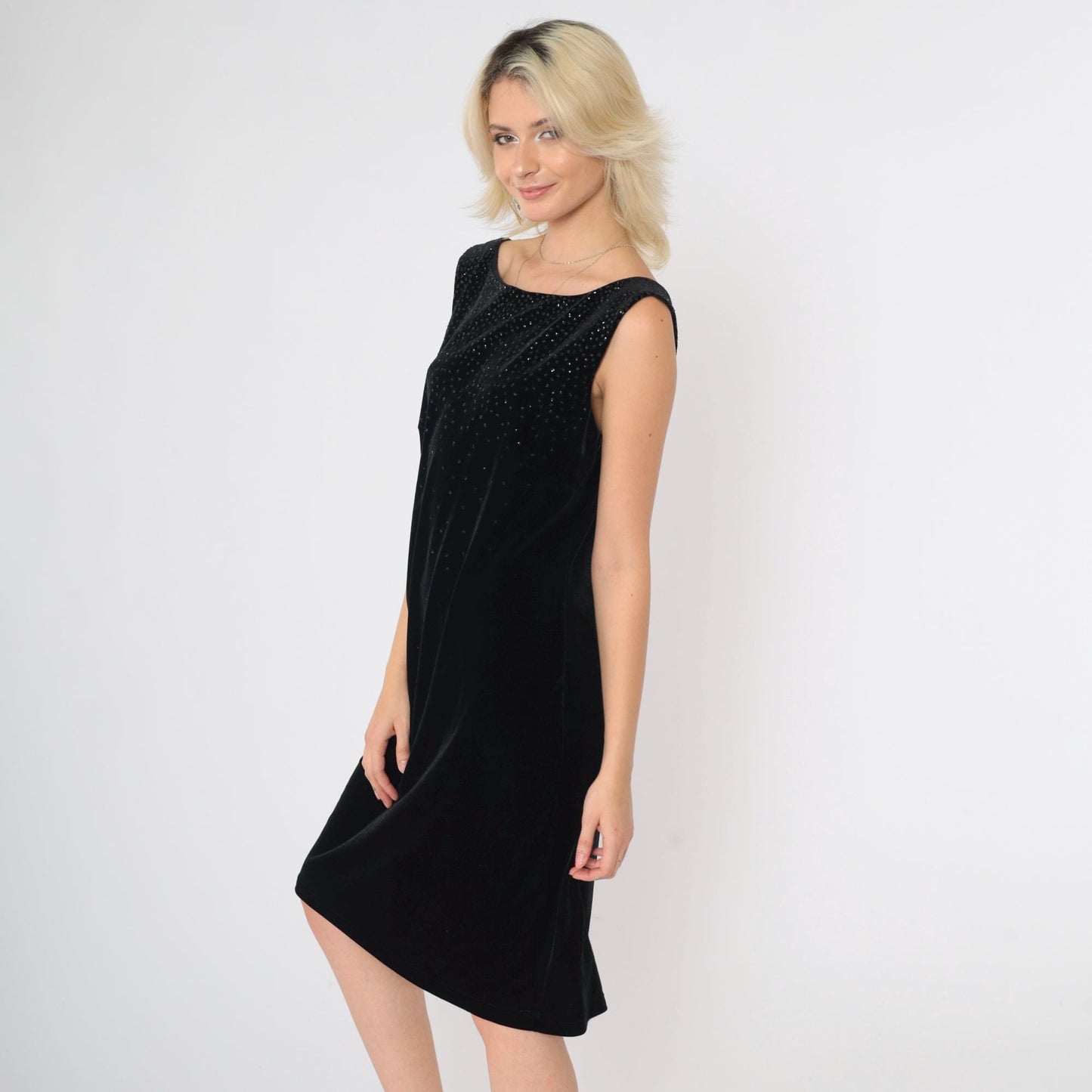 90s Robbie Bee Black Velvet Shift Dress Glitter Open Back Knee Length Large