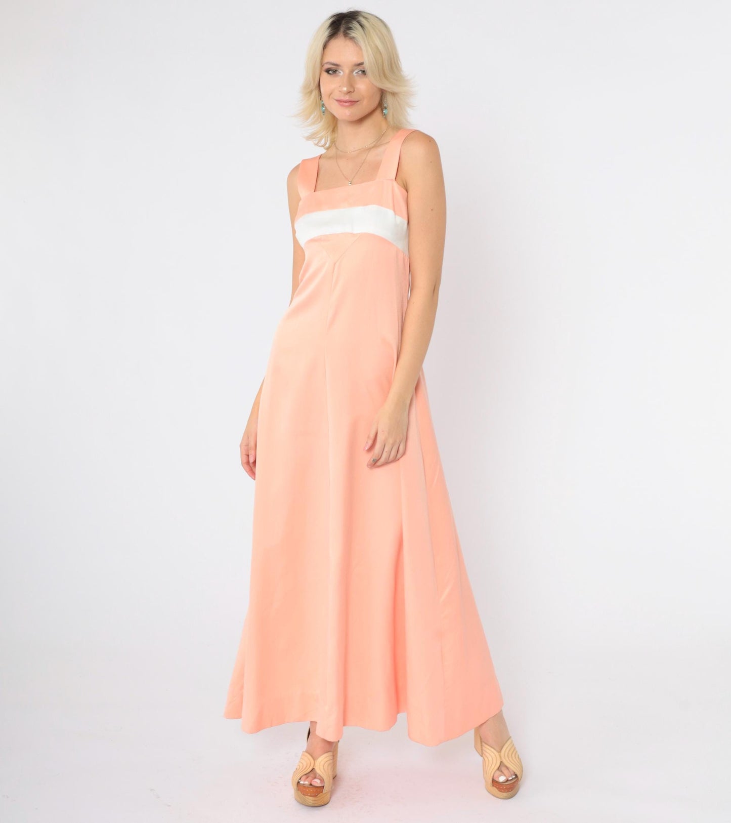 70s Peach Striped Empire Waist Maxi Dress & Jacket Set Extra Small