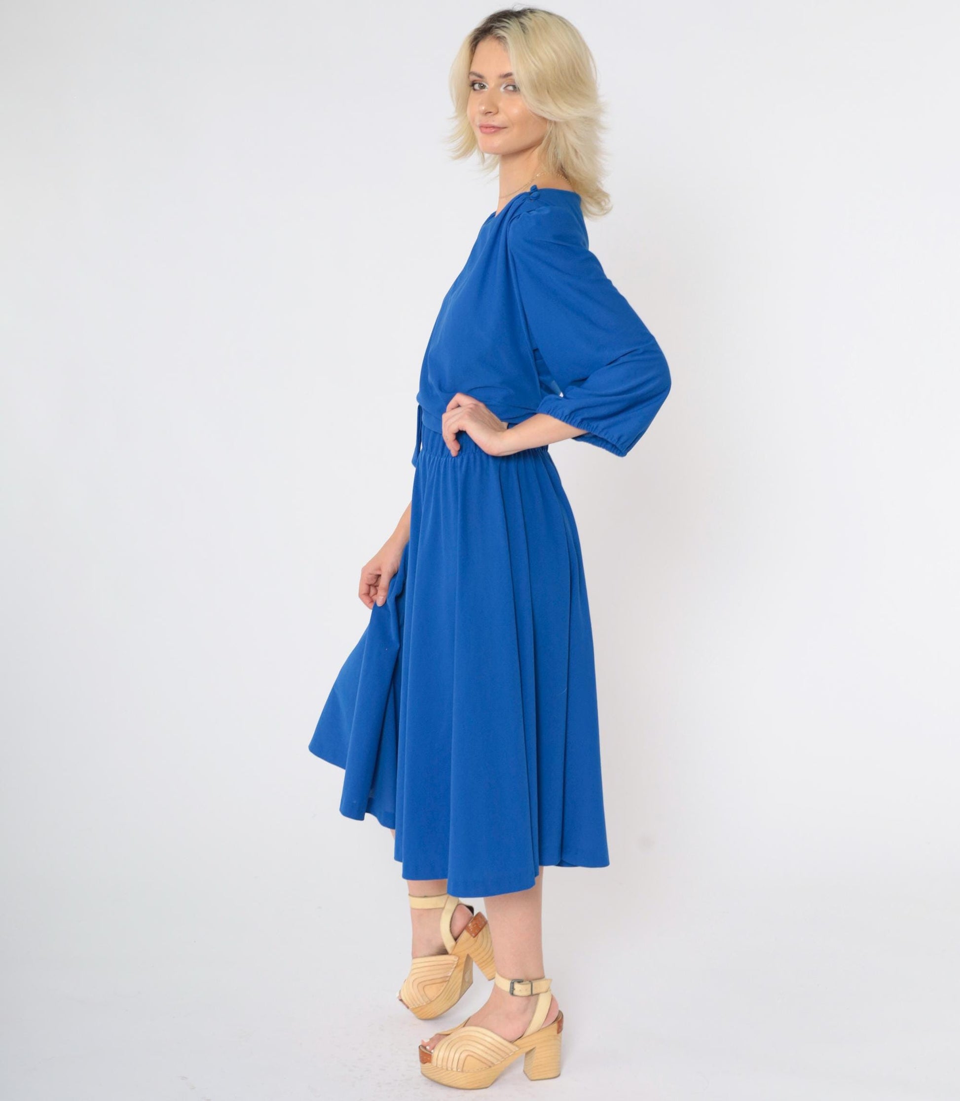 80s Royal Blue Midi Dress Puff Sleeve Wrap Panel Elastic Waist Large L