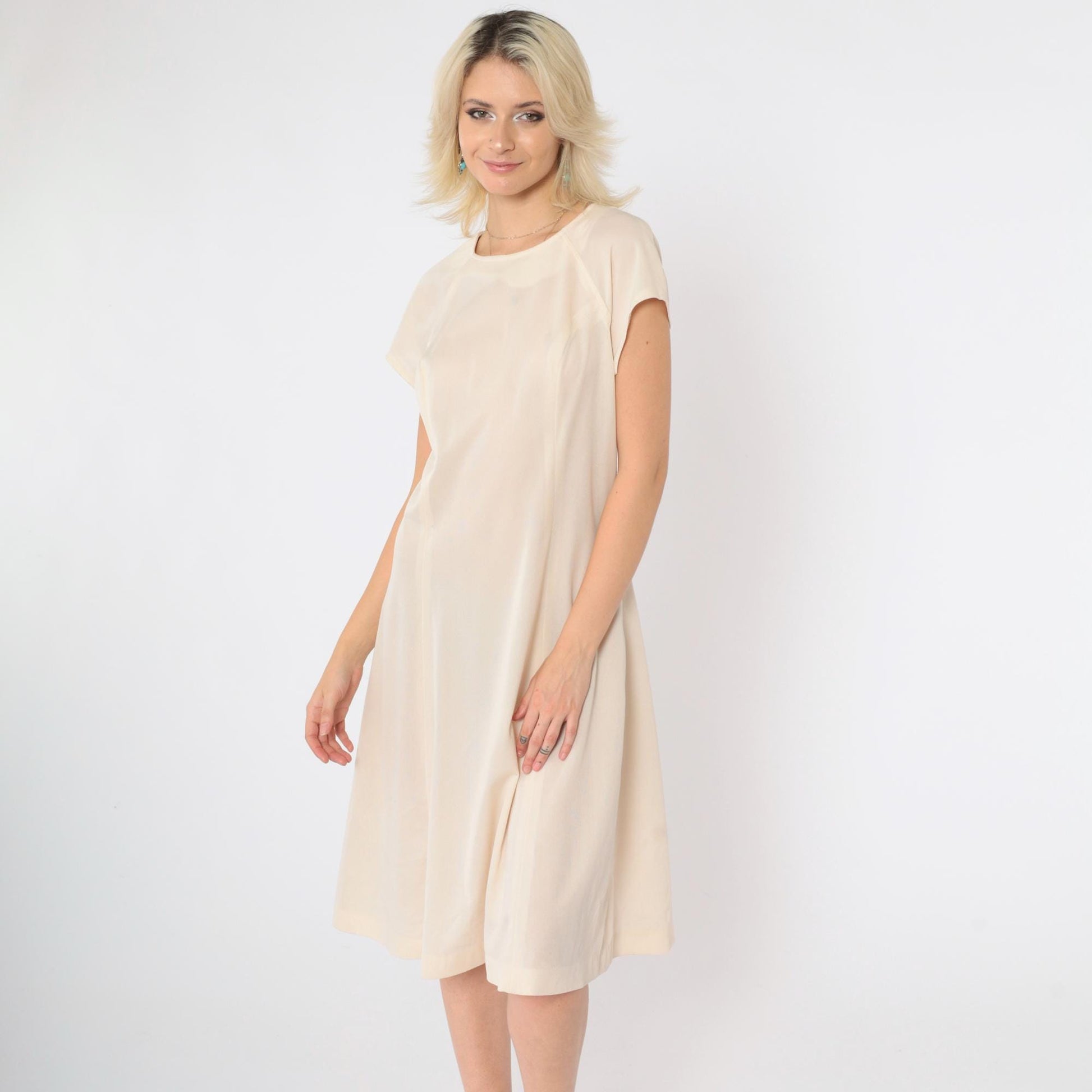 60s Mod Shift Dress Cream Semi-Sheer Raglan Midi Small Medium