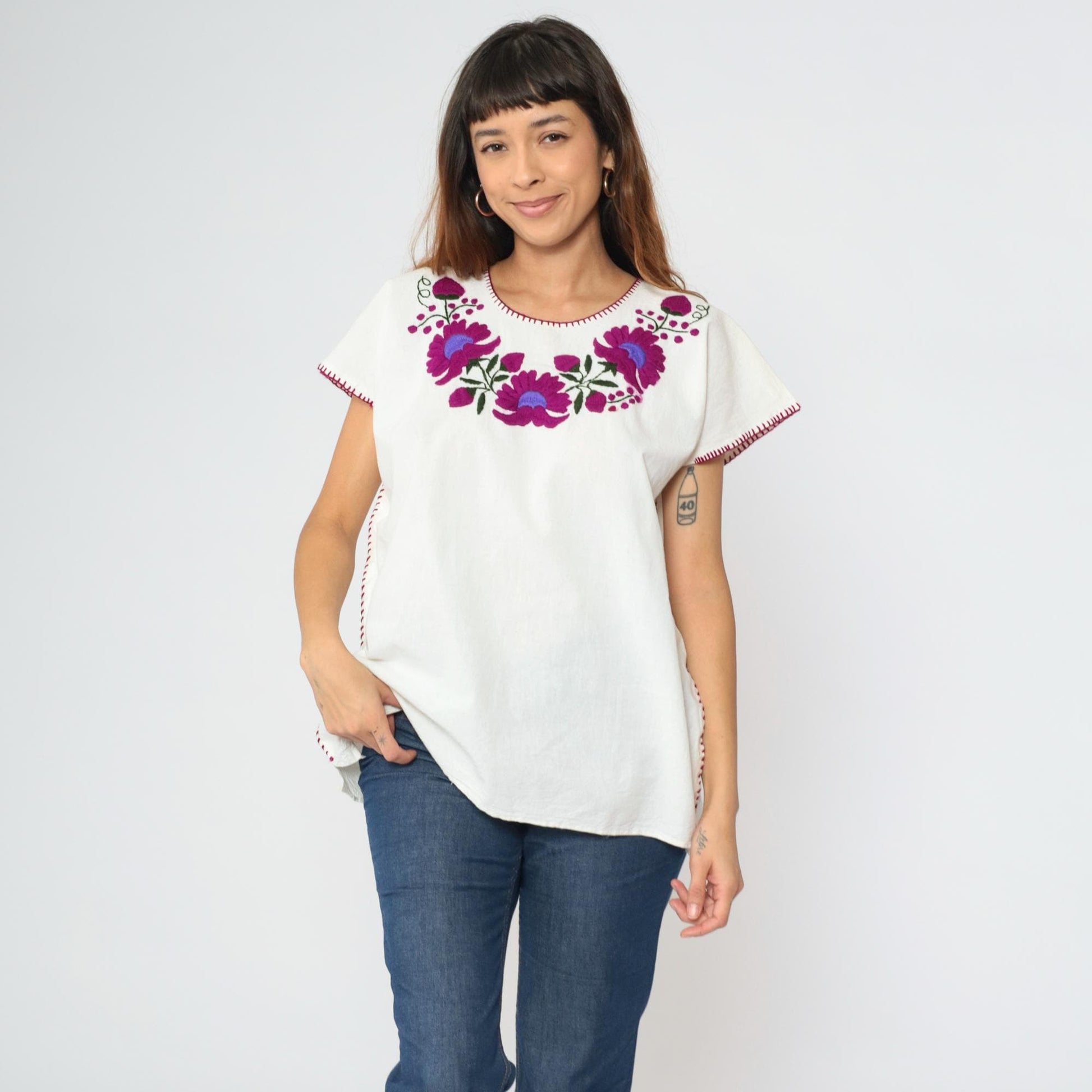 90s Mexican Embroidered Tunic Blouse White Purple Floral Large