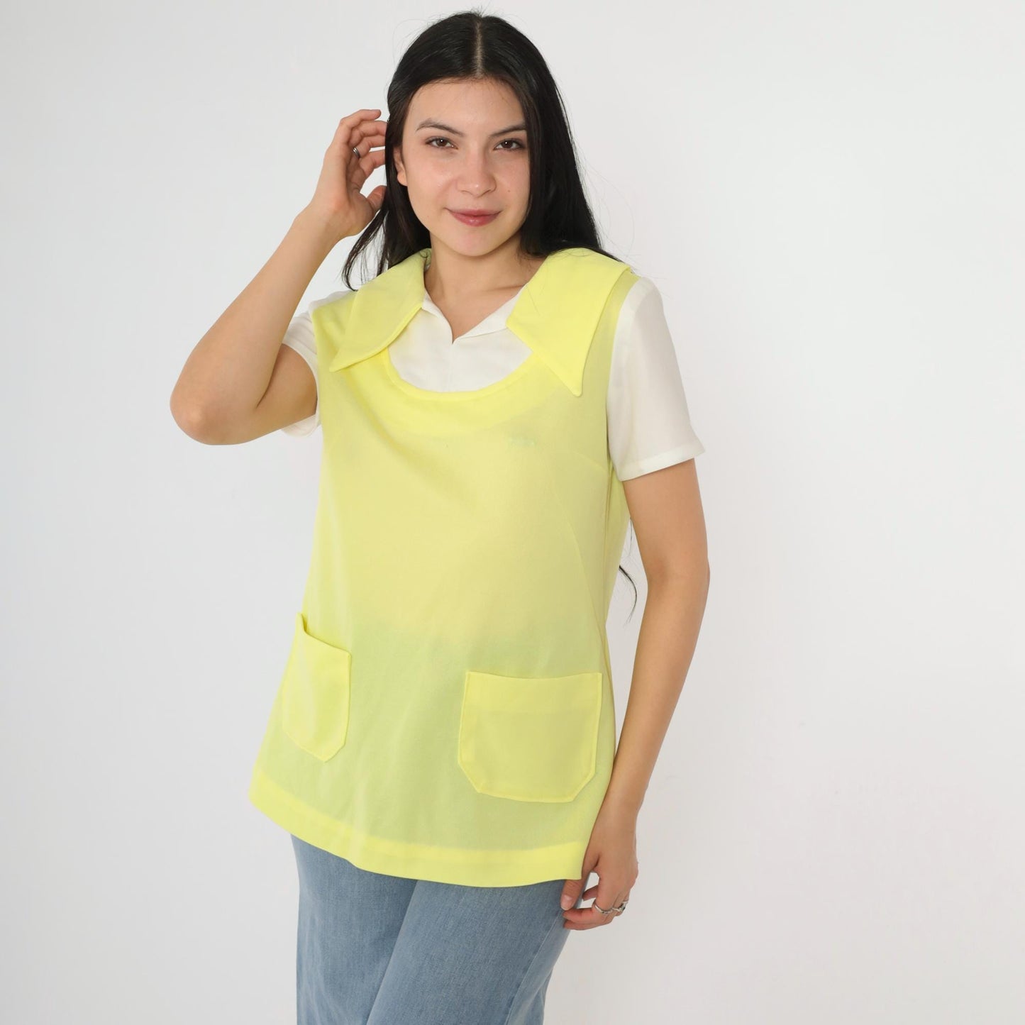 1960s Mod Yellow Pointed Collar Blouse Short Sleeve Layered Vest Pocket Top Medium M