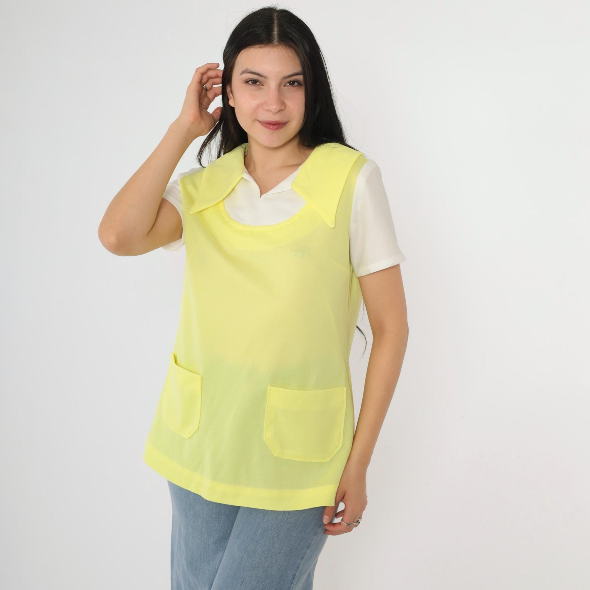 1960s Mod Yellow Pointed Collar Blouse Short Sleeve Layered Vest Pocket Top Medium M