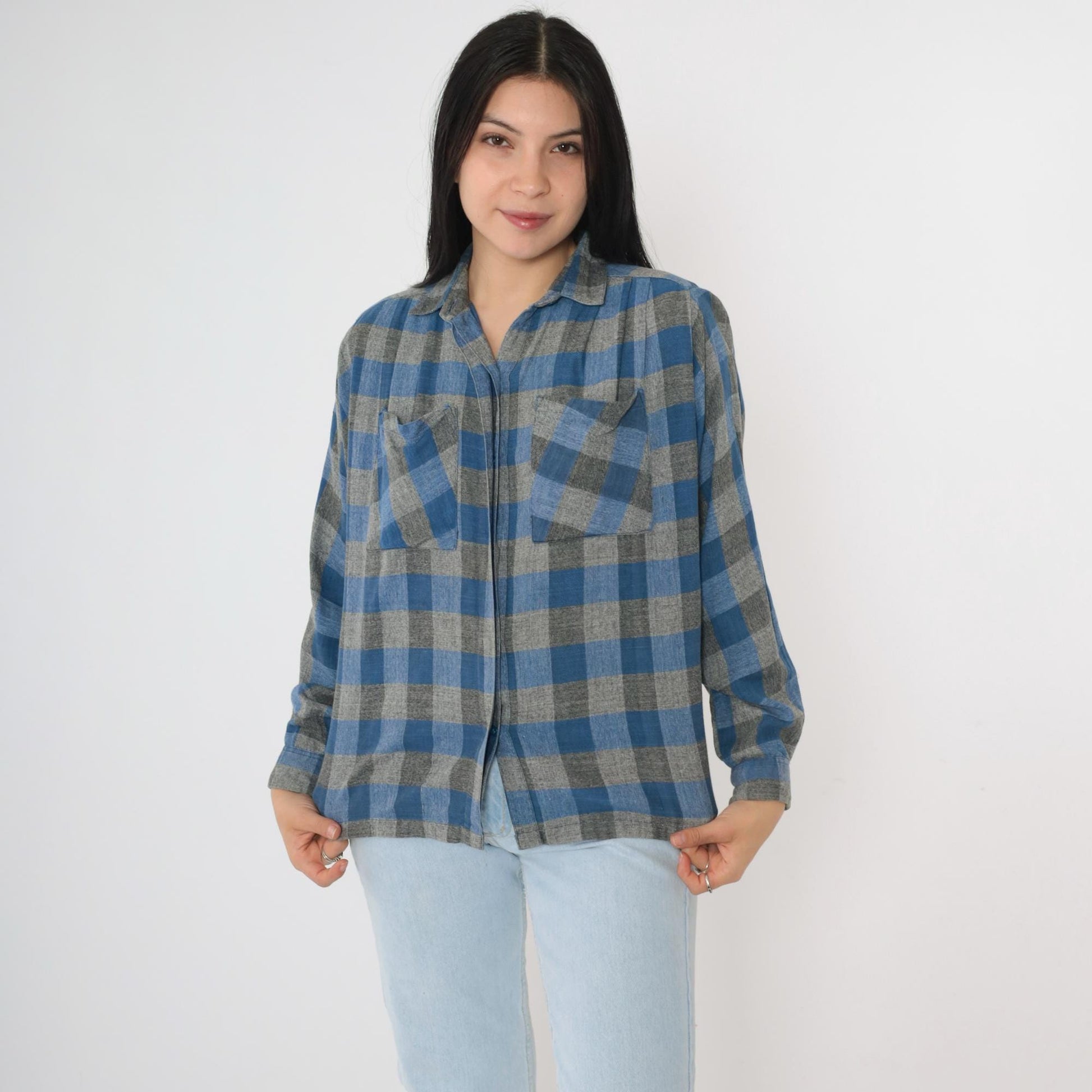 90s Buffalo Plaid Button-Up Shirt Blue Grey Checkered Cotton Small