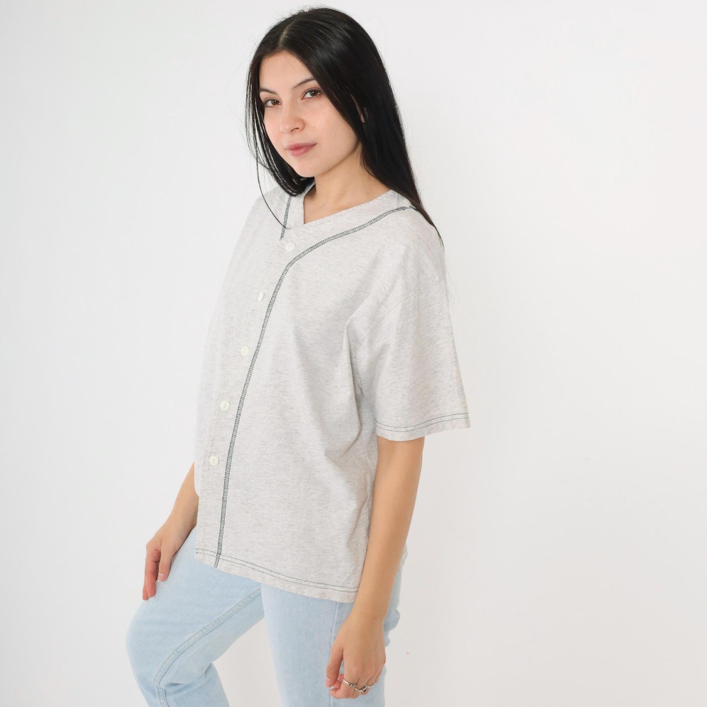 90s Lynne Designs Baseball Button-Up Shirt Grey Cotton Short Sleeve Medium