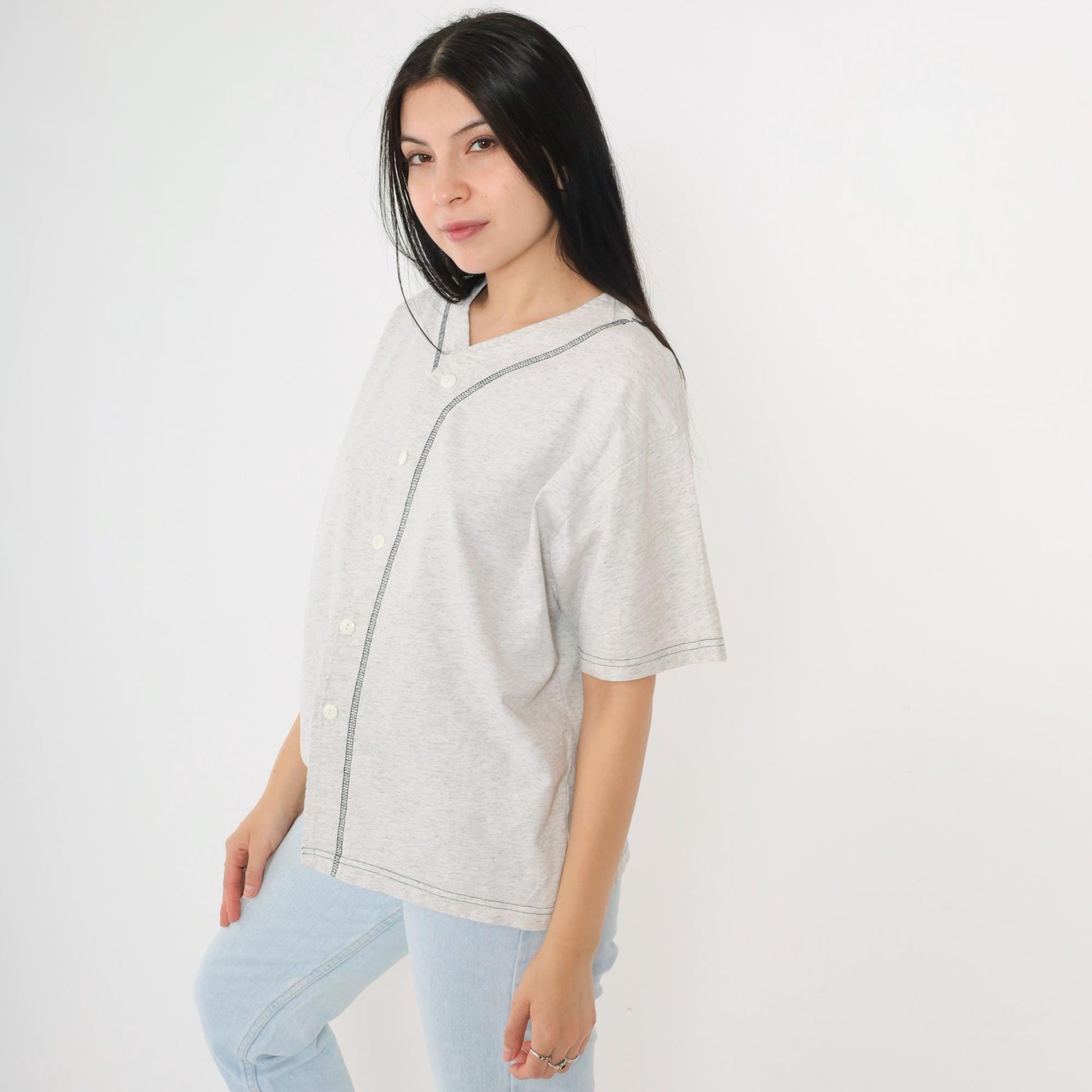 90s Lynne Designs Baseball Button-Up Shirt Grey Cotton Short Sleeve Medium