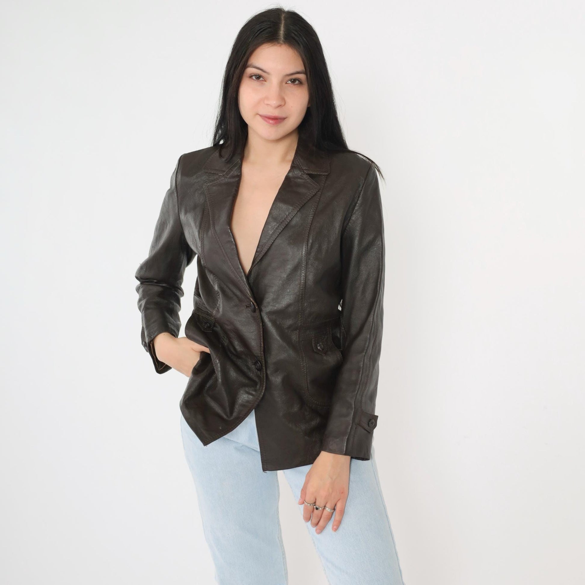 70s Golden Leaf Brown Leather Blazer V-Neck Tailored Jacket Small