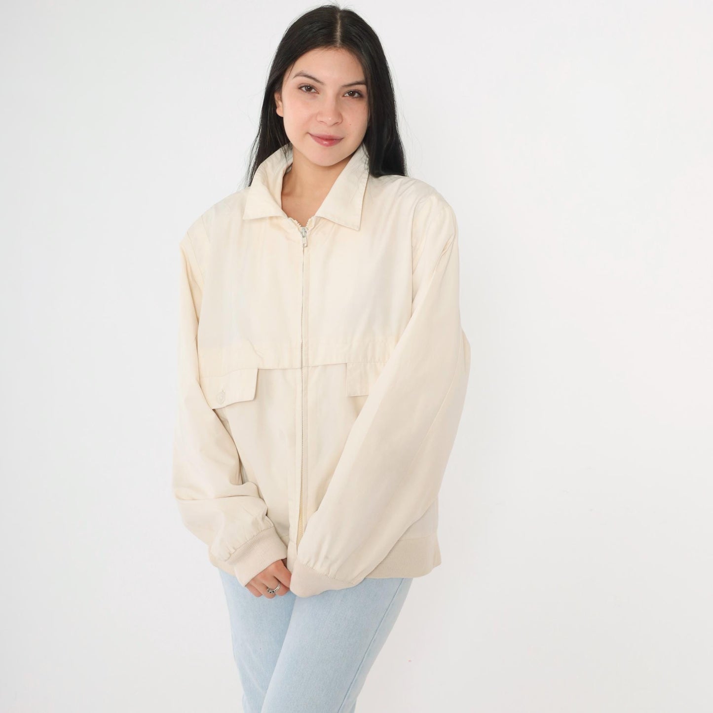 80s Christopher Rand Cream Windbreaker Jacket Plaid Lined Knit Cuff Medium