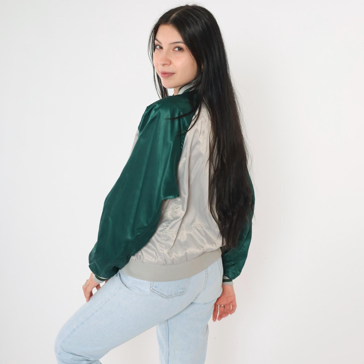 Y2K Nike Silver Satin Bomber Jacket Green Raglan Sleeve Small