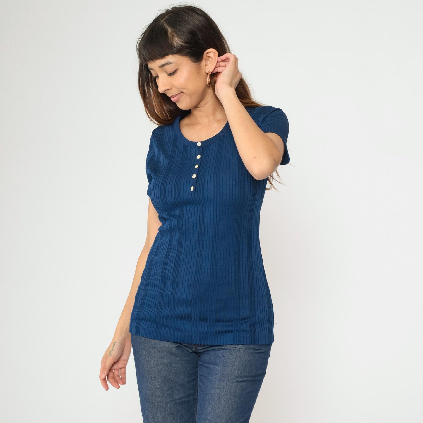 70s Navy Ribbed Polyester Baby Tee Scoop Neck Button Front Medium