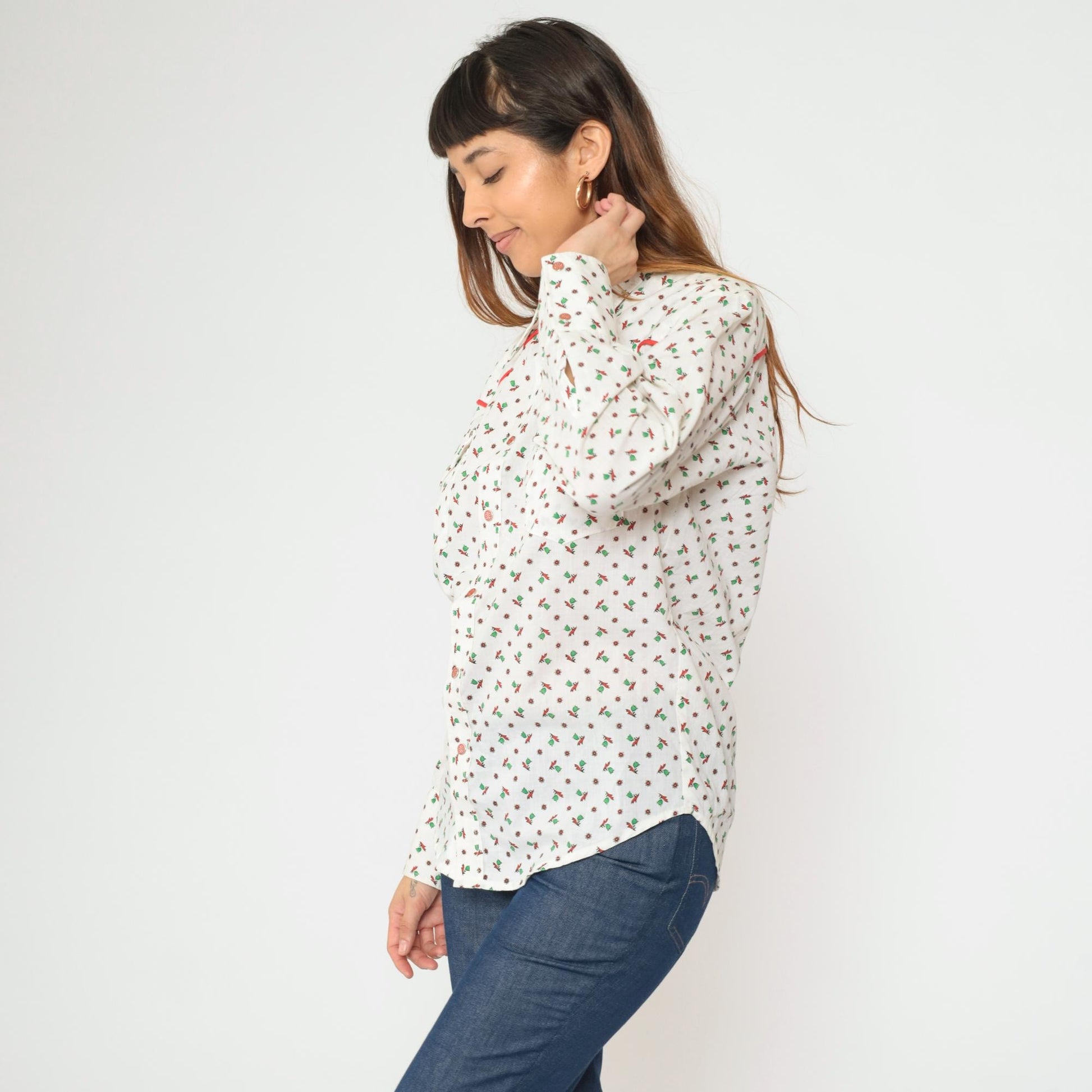 70s Floral Western Shirt White Green Red Piping Button Up Men's Medium